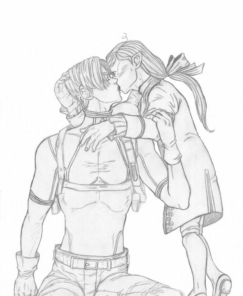 2boys gay hand_on_head holding_arm kissing leon_scott_kennedy long_hair male_focus male_only pikkoku ramon_salazar resident_evil resident_evil_4 sweatdrop tagme tied_hair