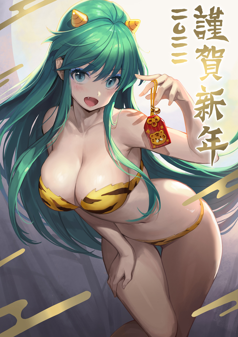 :d animal_print backlighting bangs bikini blue_eyes blue_eyeshadow blush breasts cleavage egasumi eyeshadow female green_hair holding horns large_breasts leaning_forward leg_up long_hair looking_at_viewer lum makeup navel oerba_yun_fang open_mouth print_bikini sidelocks smile solo standing standing_on_one_leg strapless strapless_bikini swimsuit tagme thigh_gap tiger_print urusei_yatsura very_long_hair yellow_bikini