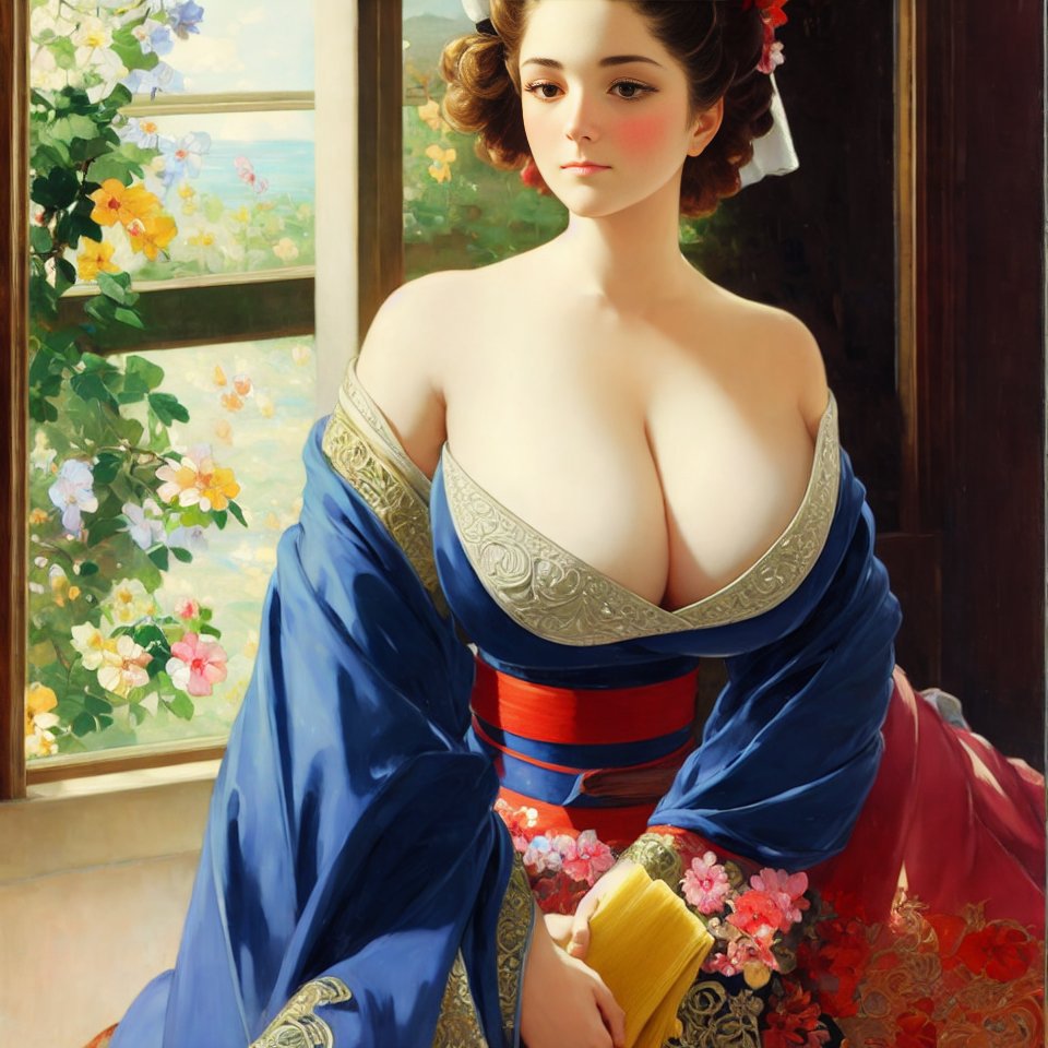 1:1 1girls ai_generated black_eyes blue_kimono blush breasts brown_hair cleavage cloud curly_hair door expressionless female female_only flower hair_ornament huge_breasts indoors japanese_clothes kimono long_sleeves obi off-shoulder_kimono off_shoulder original plant realistic sash short_hair sitting sky sliding_doors solo stable_diffusion v_arms