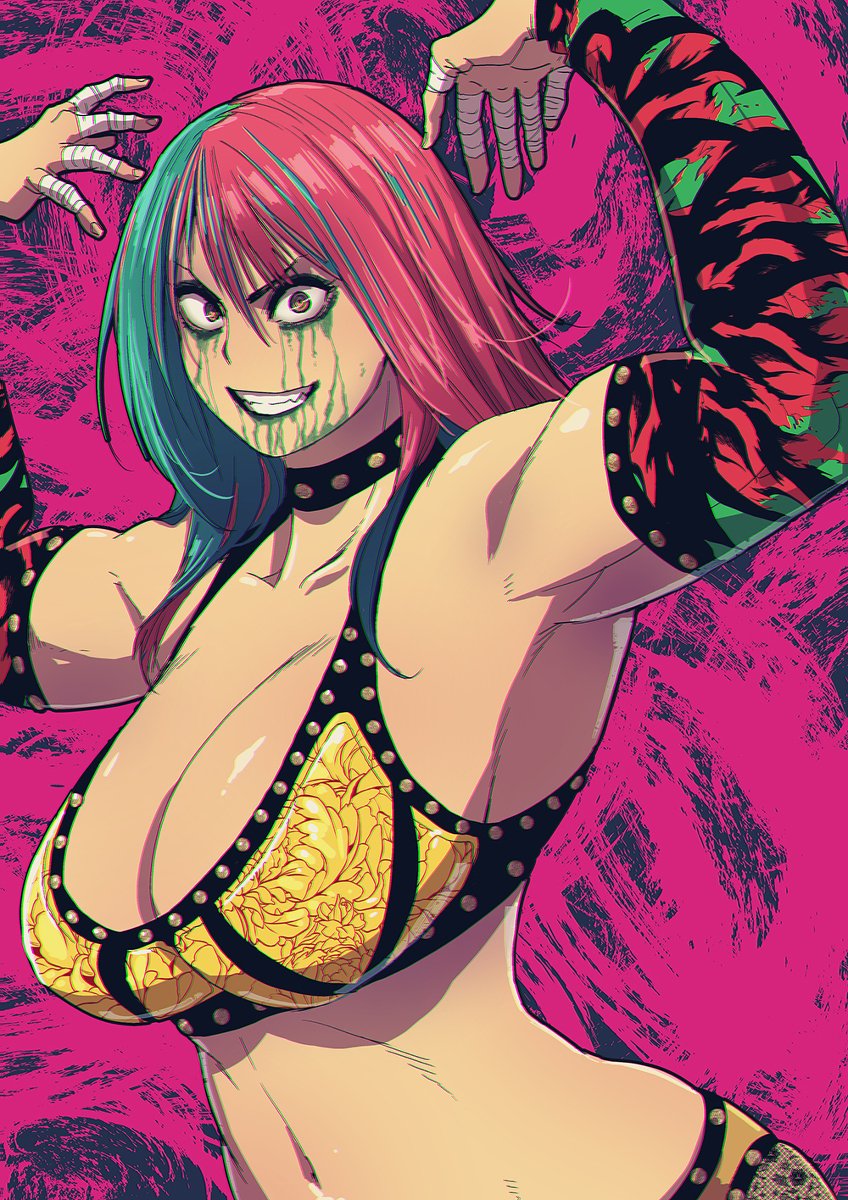 1girls, alternate breast size, arm sleeves, armpits, arms up, asian, asian female, asuka (wwe diva), bandages, big breasts, breasts, butcherboy, celebrity, choker, cleavage, curvy, facepaint, female, floral print, japanese female, large breasts, long hair, looking at viewer, muscular, muscular female, navel, pink background, pink hair, real person, sideboob, smile, solo, teal hair, tiger print, two-tone hair, urai kanako, wrestling, wrestling outfit, wwe, wwe diva, yellow eyes