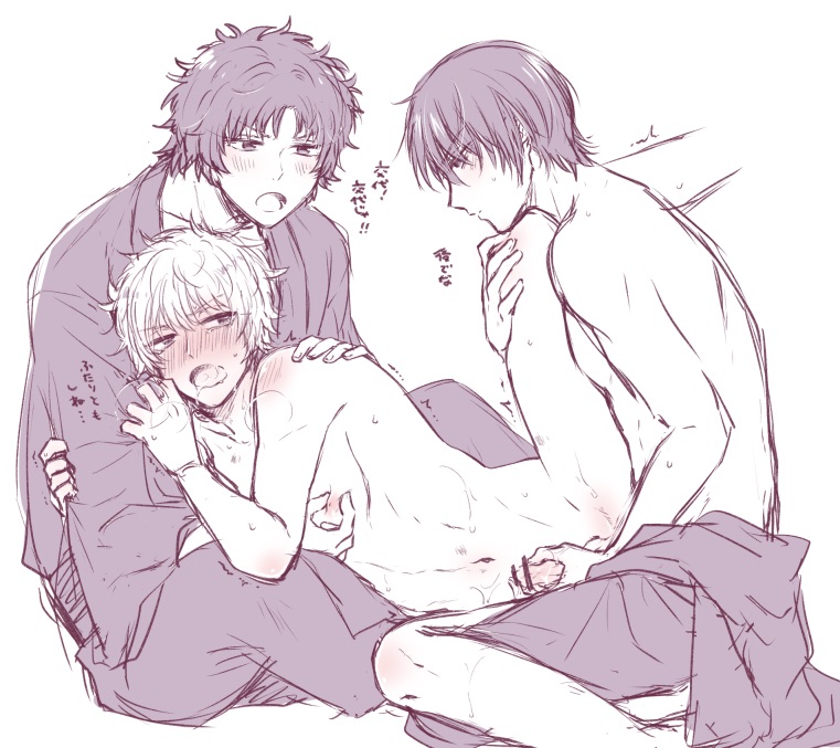 3boys anal anal_sex bishonen blush breath cling clinging clothed_male_nude_male colored_sketch gay gintama gintoki_sakata handjob handjob_while_penetrating leg_lift leg_up looking_at_another male male_only mmm_threesome monochrome nipple_pinch nipple_tweak nude_male on_side open_mouth sakamoto_tatsuma skinny sweat takasugi_shinsuke threesome topless_male yaoi yunfa