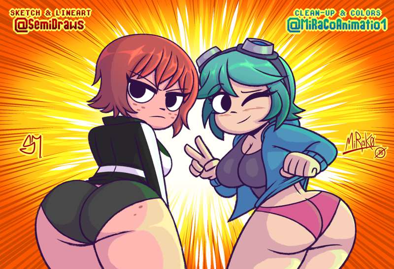 2girls artist_signature ass ass_cleavage ass_freckles back back_view big_ass black_eyes blue_hair blush butt_crack collaboration dimples_of_venus double_ass_focus female female_focus female_only freckles from_behind goggles goggles_on_head human kim_pine mirako mostly_clothed multiple_girls panties ramona_flowers red_hair scott_pilgrim semidraws sweater underwear v_sign wink winking