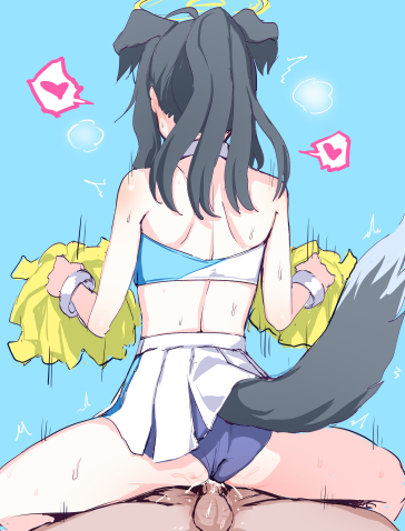 1boy 1girls animal_ears ass back bare_arms bare_shoulders black_hair blue_archive cheerleader clothed_sex cowboy_shot cowgirl_position crop_top dog_ears dog_tail female female_on_top from_behind halo happy_sex heart hibiki_(blue_archive) hibiki_(cheerleader)_(blue_archive) holding holding_pom_poms kumadano long_hair lowres male miniskirt motion_lines official_alternate_costume panties penetration penis pleated_skirt pom_pom_(cheerleading) ponytail purple_panties sex simple_background skirt skirt_lift sleeveless solo_focus spoken_heart spread_legs squatting squatting_cowgirl_position straddling straight sweat tail underwear vaginal_penetration white_skirt