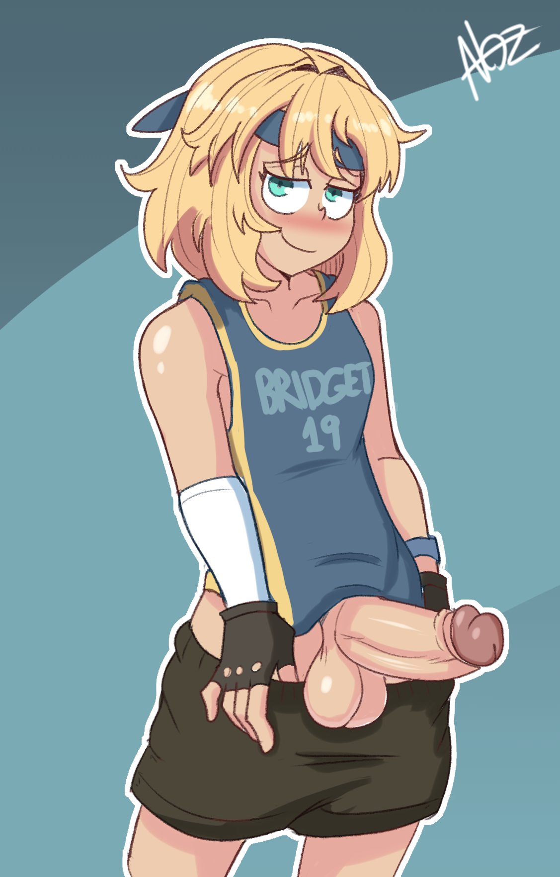 1boy androgynous balls basketball basketball_jersey basketball_shorts basketball_uniform blonde blonde_hair blonde_male blue_eyes blush bridget closed_mouth closed_smile clothed clothed_male erect_penis erection eye_contact femboy fingerless_gloves gloves guilty_gear guilty_gear_strive long_hair looking_at_viewer male male_only nozzynoz shorts shorts_down smile solo_male tank_top testicles_deep trap