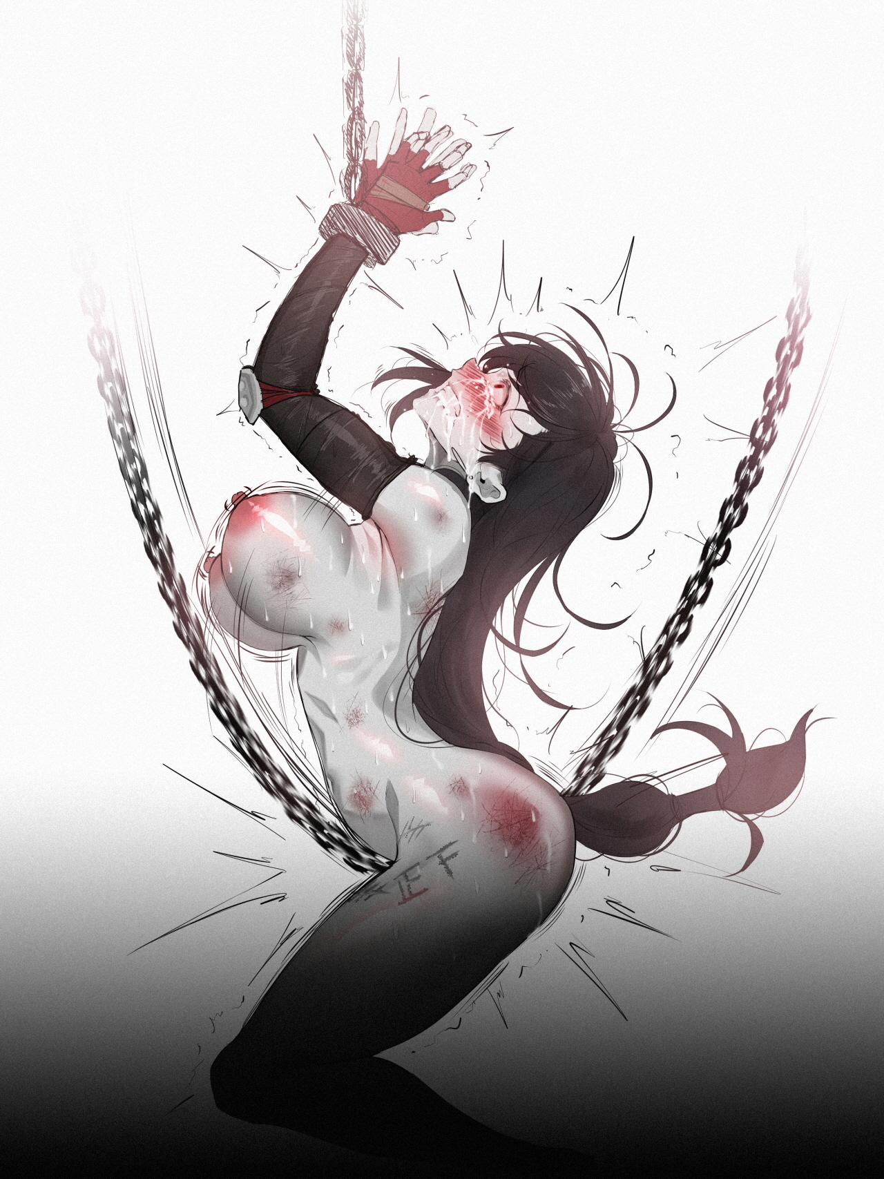 big breasts, black hair, blush, braid, braided hair, breasts, chained, chains, crying, crying with eyes open, female, final fantasy, final fantasy vii, gloves, long hair, nipples, nude, nude female, pussy, red eyes, rubbing pussy, ryona, thick thighs, thighs, tifa lockhart, viper-18