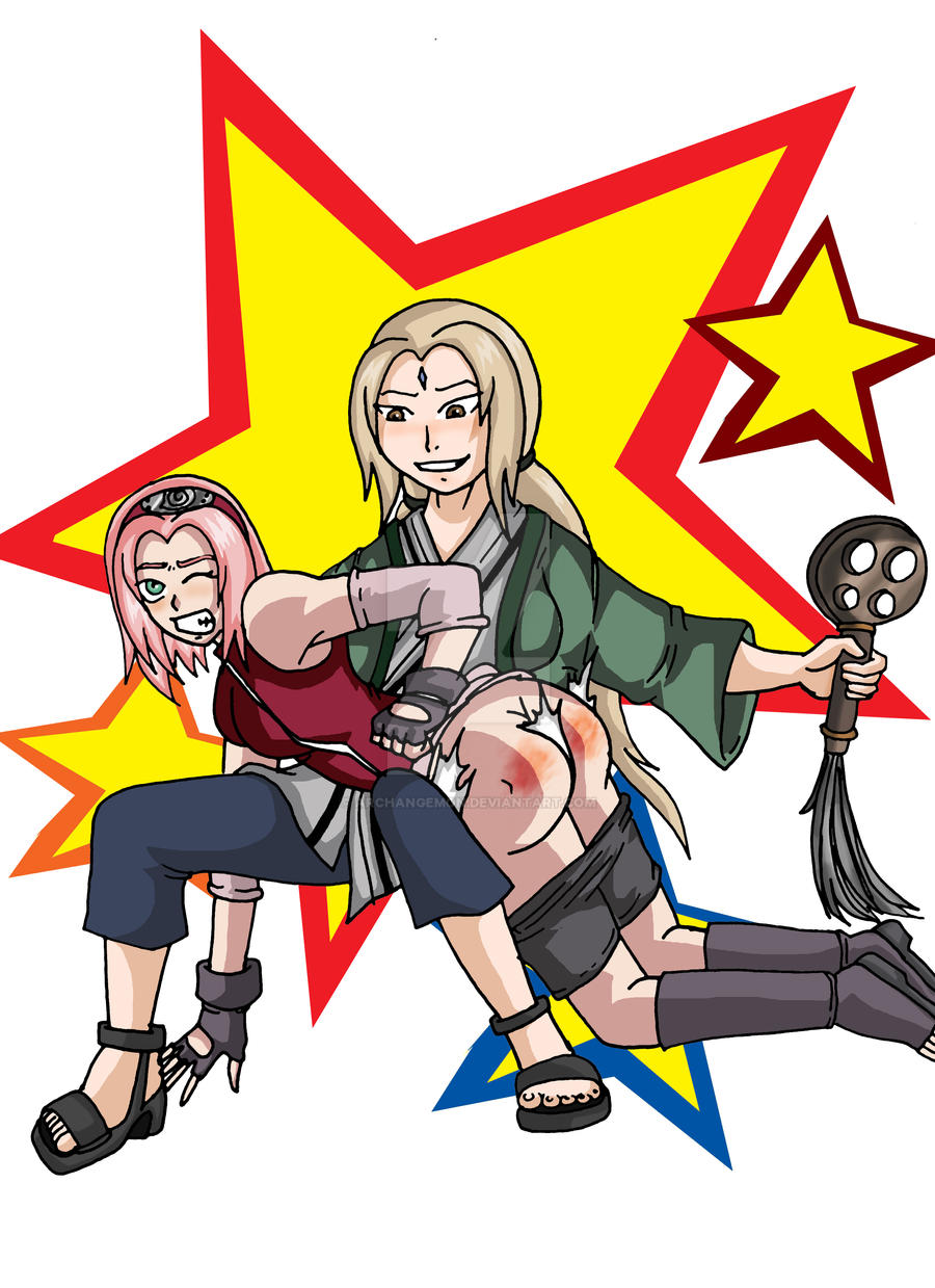 2girls archangemon bike_shorts embarrassed female female_only humiliation naruto naruto_(series) naruto_shippuden older_dom_younger_sub over_the_knee_spanking paddle pants_down punishment red_ass ripped_panties sakura_haruno sketch spanking teacher_and_student tsunade