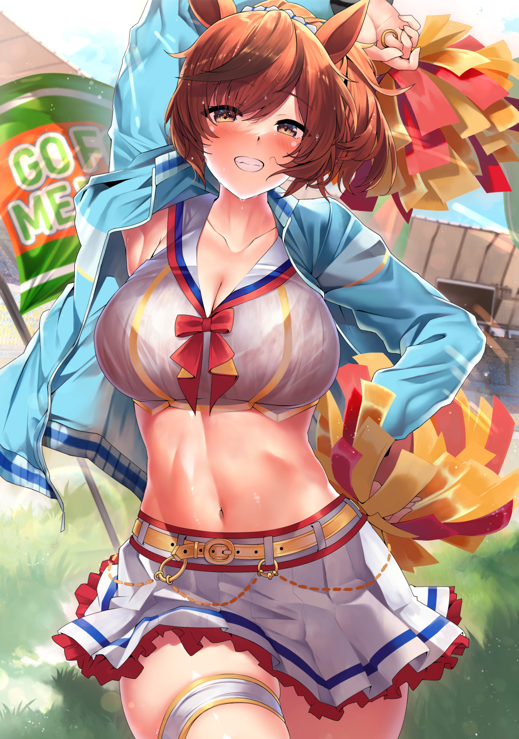 arm_up armpits bangs belt blue_jacket blush bralines breasts brown_eyes brown_hair cheerleader cleavage collarbone female grin highres holding holding_pom_poms horse_girl jacket kawai_(purplrpouni) large_breasts long_sleeves looking_at_viewer midriff miniskirt multicolored_hair navel nice_nature_(run&win)_(umamusume) nice_nature_(umamusume) open_clothes open_jacket pom_pom_(cheerleading) pom_poms ponytail short_hair skirt smile solo streaked_hair sweat swept_bangs thighs umamusume white_skirt