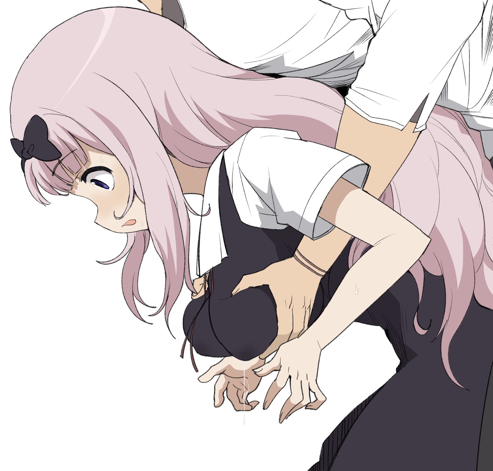 1boy, 1girls, accurate art style, bangs, big breasts, blue eyes, blunt bangs, blush, breast grab, breasts, clothed, female, fujiwara chika, fully clothed, groping, groping breasts, henyaan (oreizm), kaguya-sama wa kokurasetai ~tensai-tachi no renai zunousen~, lactation, lactation through clothes, large breasts, male, official style, open mouth, pink hair, school uniform, simple background, white background