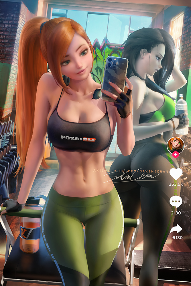 2022, 2girls, ass, black hair, breasts, disney, disney channel, female, female only, green eyes, green skin, gym, headphones, headphones around neck, hips, huge breasts, indoors, kim possible, kimberly ann possible, large ass, large breasts, long hair, orange hair, realistic, sakimichan, selfie, shego, slim waist, smile, sports bra, sportswear, thick thighs, thighs, watermark, wide hips, yoga pants