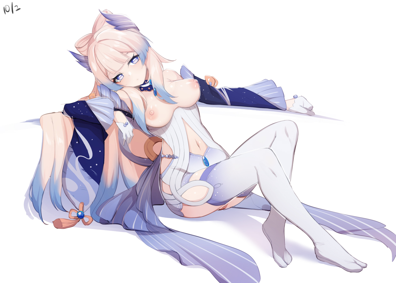 bangs, bare shoulders, blue eyes, blue hair, blunt bangs, blush, bow, bow-shaped hair, breasts, breasts apart, collar, colored tips, detached collar, female, frilled collar, frilled sleeves, frills, genshin impact, gloves, gradient hair, hair ornament, jewelry, long hair, looking at viewer, multicolored hair, navel, nipples, pink hair, ponytail, purple eyes, sangonomiya kokomi, small breasts, solo, thighhighs, white gloves, wide sleeves, yu-ta