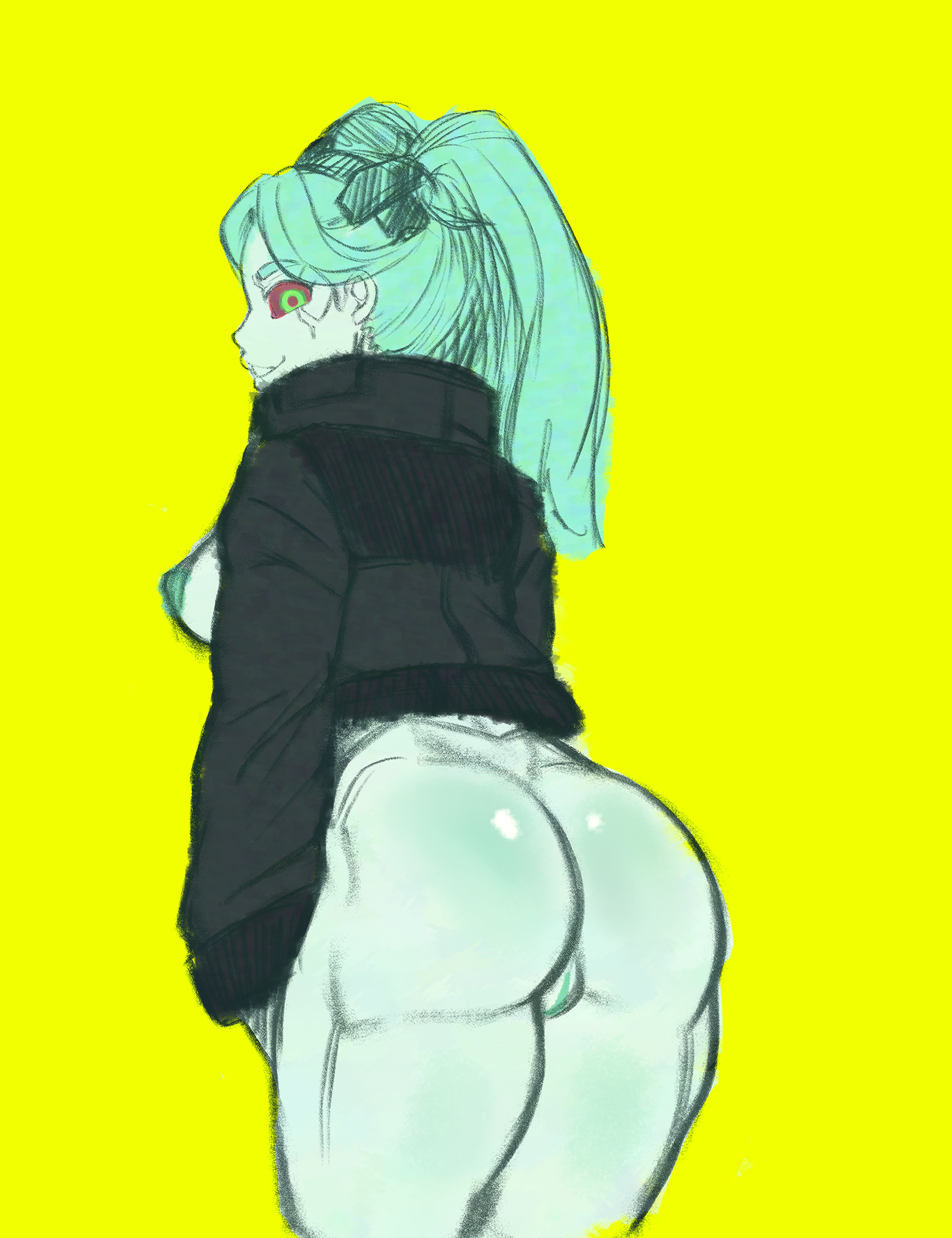 1girls, ass, breasts, cybernetics, cyberpunk 2077, cyberpunk: edgerunners, cyborg, doodle, eye contact, female, female only, green eyes, long hair, looking at viewer, orufowan, pussy, rebecca (edgerunners), red sclera, solo, solo female, standing, thick thighs, thighs, twintails