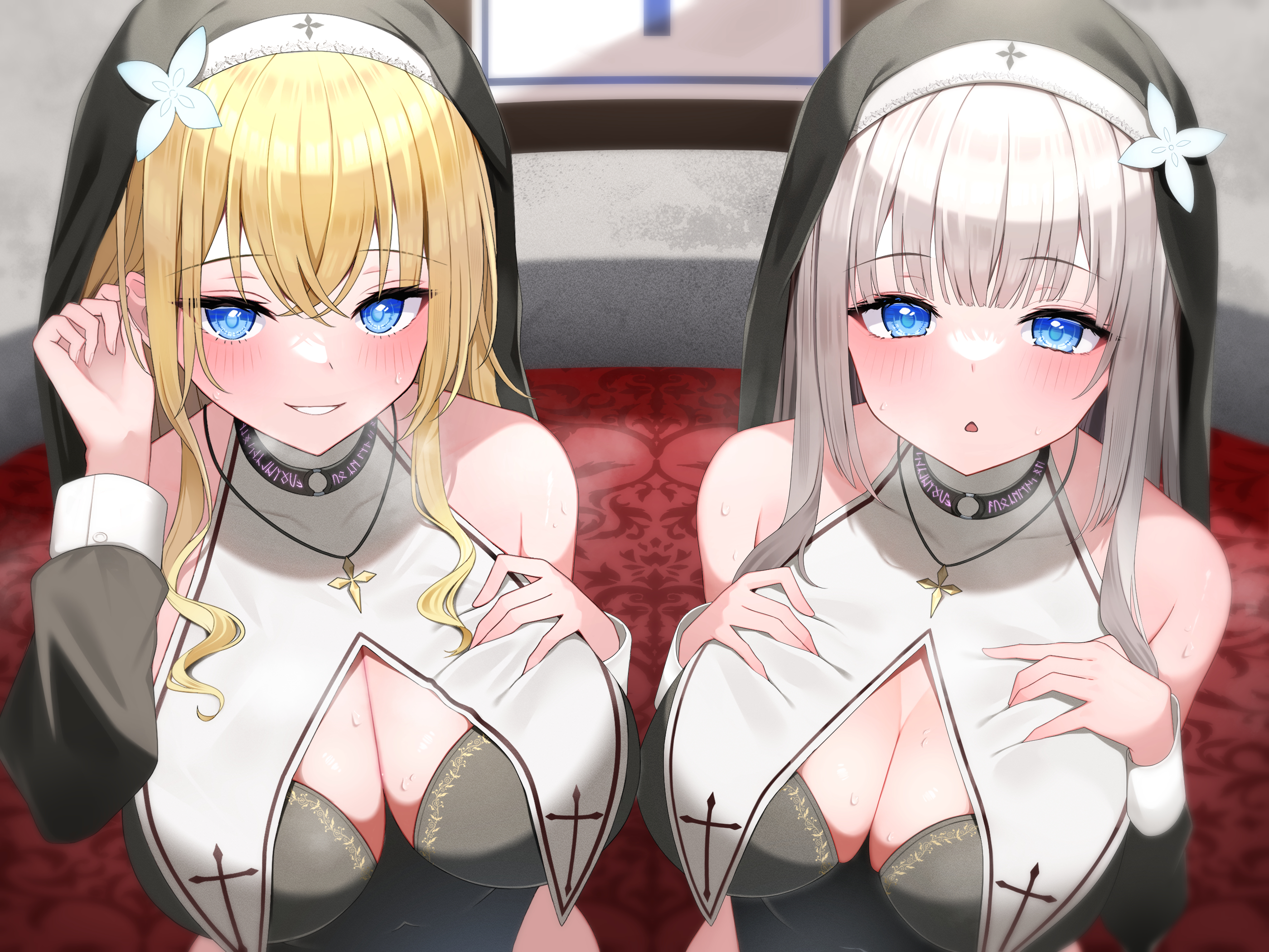 2girls, bed, bedroom, blonde hair, blue eyes, blush, breast grab, breasts, cleavage, cleavage cutout, female, grabbing own breast, heavy breathing, hi res, horn, horny female, inviting to sex, large breasts, light skin, light-skinned female, looking at viewer, necklace, nun, nun outfit, nun's habit, original, rei (rei 9146), smile, sweat, white hair