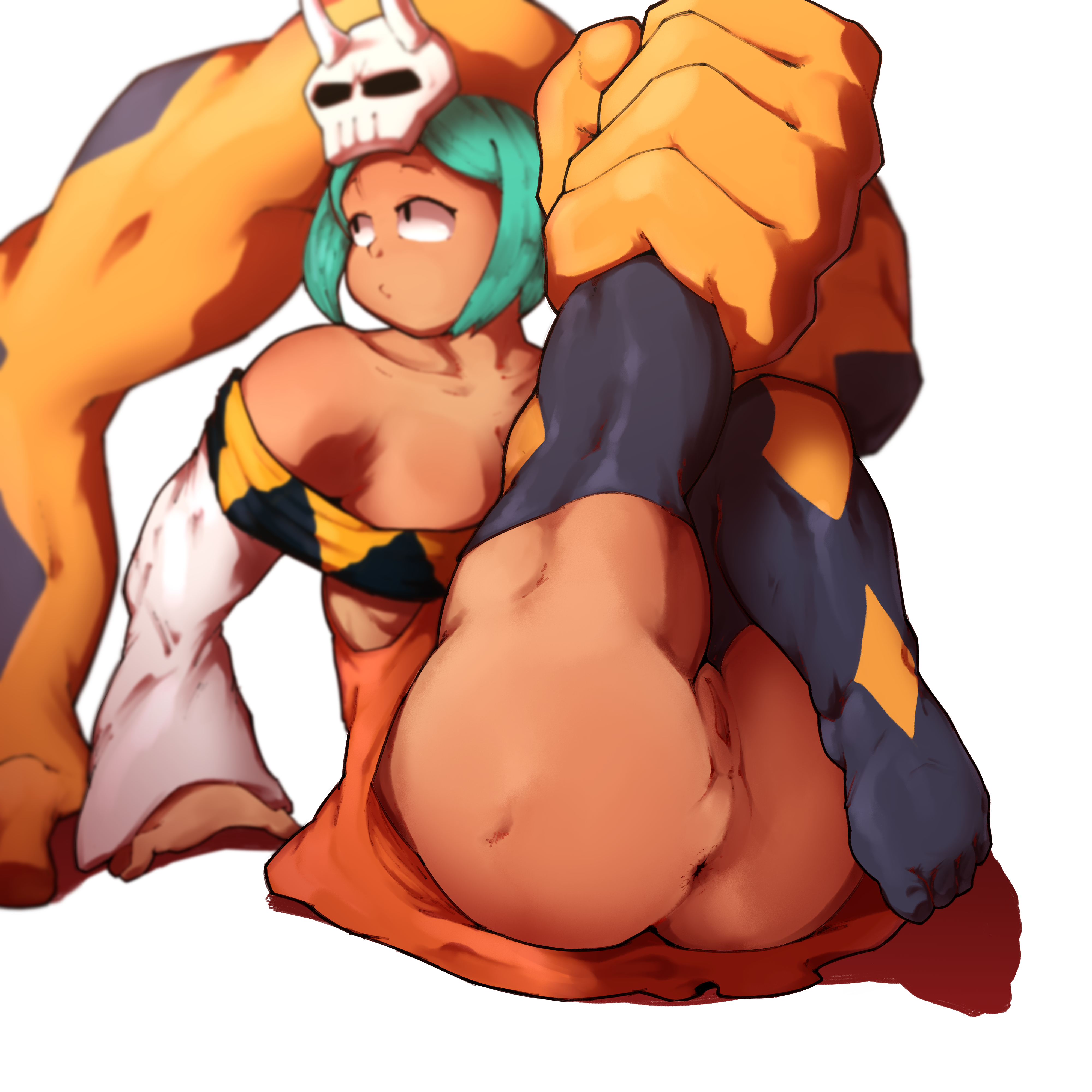 1girls, anus, ass, barefoot, cassandra veranos, cerebella, dark skin, dark-skinned female, female, green hair, high resolution, lewd potato, looking at another, no panties, pussy, skullgirls, socks, solo, upskirt, vice-versa