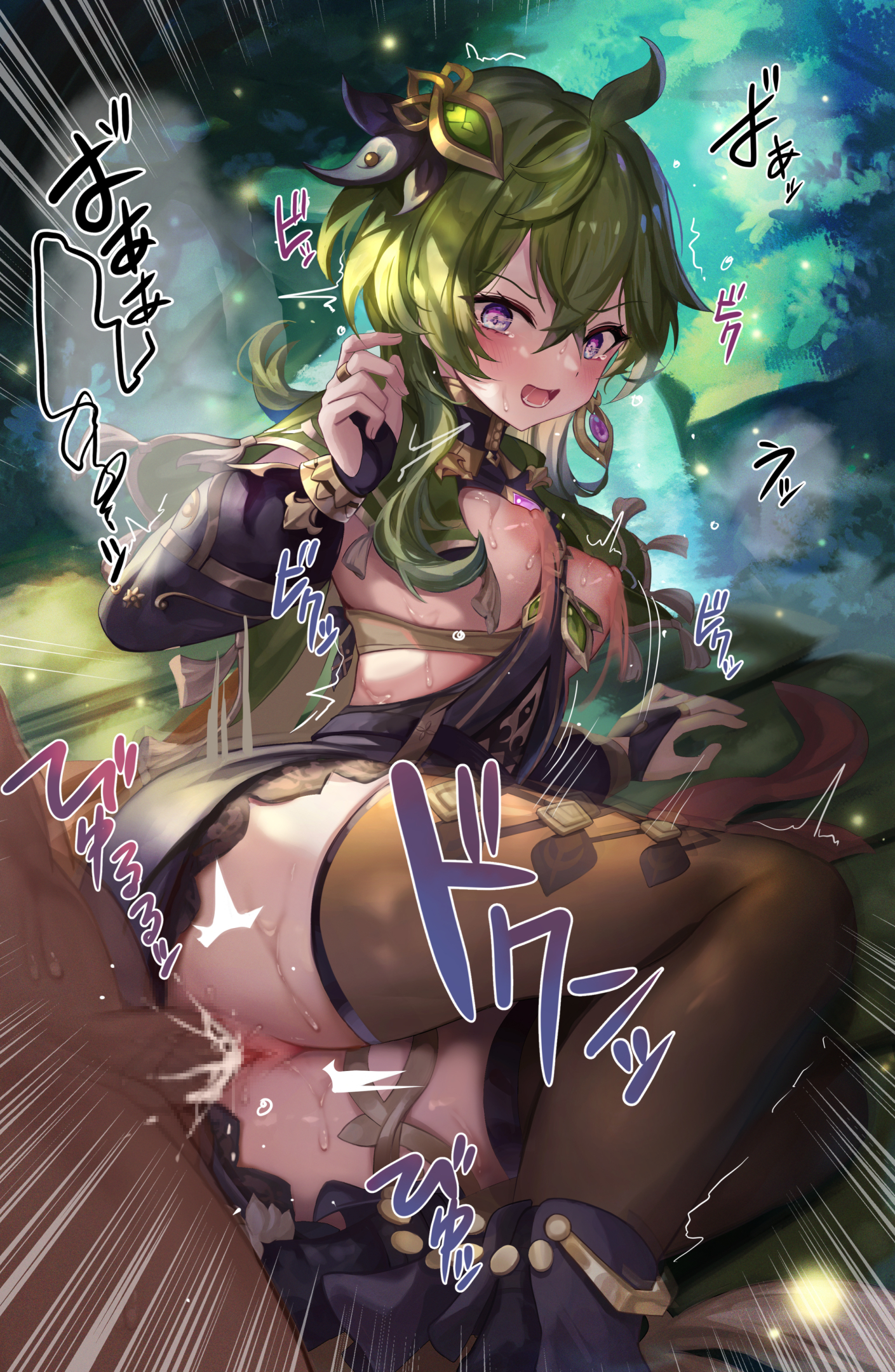1boy, 1girls, 2022, ahoge, ankle boots, arm support, ass, between breasts, black dress, black footwear, black gloves, blush, boots, breasts, breasts out, brown thighhighs, censored, collei (genshin impact), cum, cumshot, dark skin, dark-skinned male, doco (doco3811), doco3811, dress, feet out of frame, female, female penetrated, genshin impact, gloves, green hair, hair ornament, hand up, highres, japanese text, long sleeves, looking at viewer, male, male penetrating, male penetrating female, male/female, mosaic censoring, nipples, on side, outdoors, partially fingerless gloves, penis, purple eyes, pussy, rape, sex, sex from behind, small breasts, solo focus, straight, sweat, tassel, thighhighs, thighlet, thighs, upskirt, v-shaped eyebrows, vaginal penetration