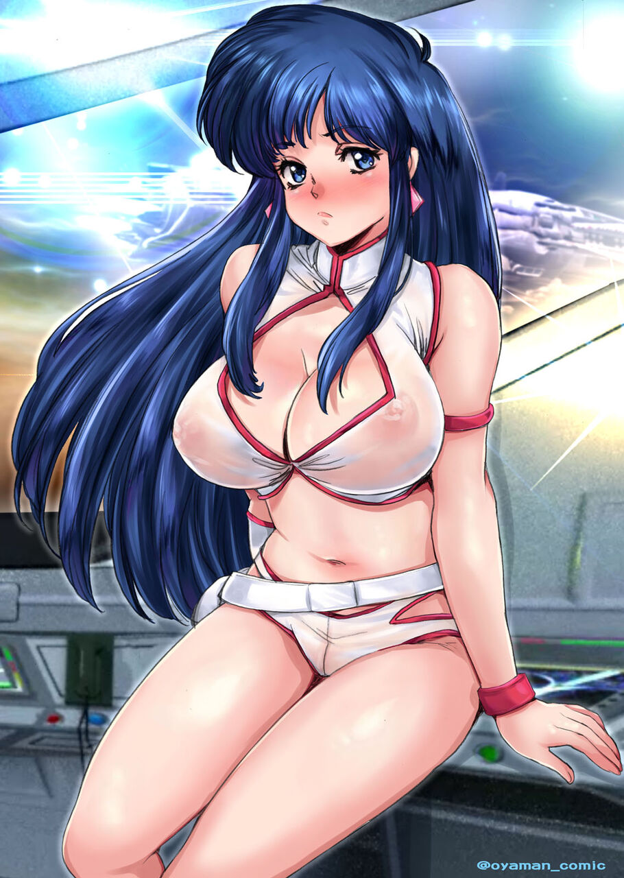 bare_shoulders blue_eyes blue_hair blush breasts cleavage cleavage_cutout clothing_cutout covered_erect_nipples crop_top dirty_pair earrings female female_focus groin jewelry large_breasts long_hair looking_at_viewer navel nipples open_mouth oyaman see-through short_shorts shorts sitting sleeveless solo tagme thighs yuri_(dirty_pair)