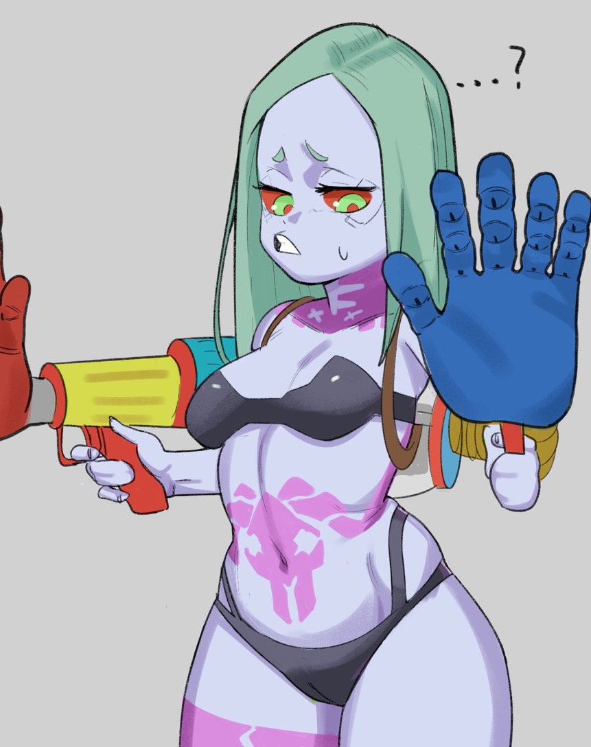 ..., ...?, 1girls, body markings, breasts, cybernetics, cyberpunk 2077, cyberpunk: edgerunners, cyborg, double camel, female, female only, grabpack, green eyes, grey background, hair down, long hair, looking down, no artist signature, poppy playtime, rebecca (edgerunners), red sclera, small breasts, small eyebrows, small nose, solo, solo female, standing, thick thighs, thighs, very small nose, wide hips