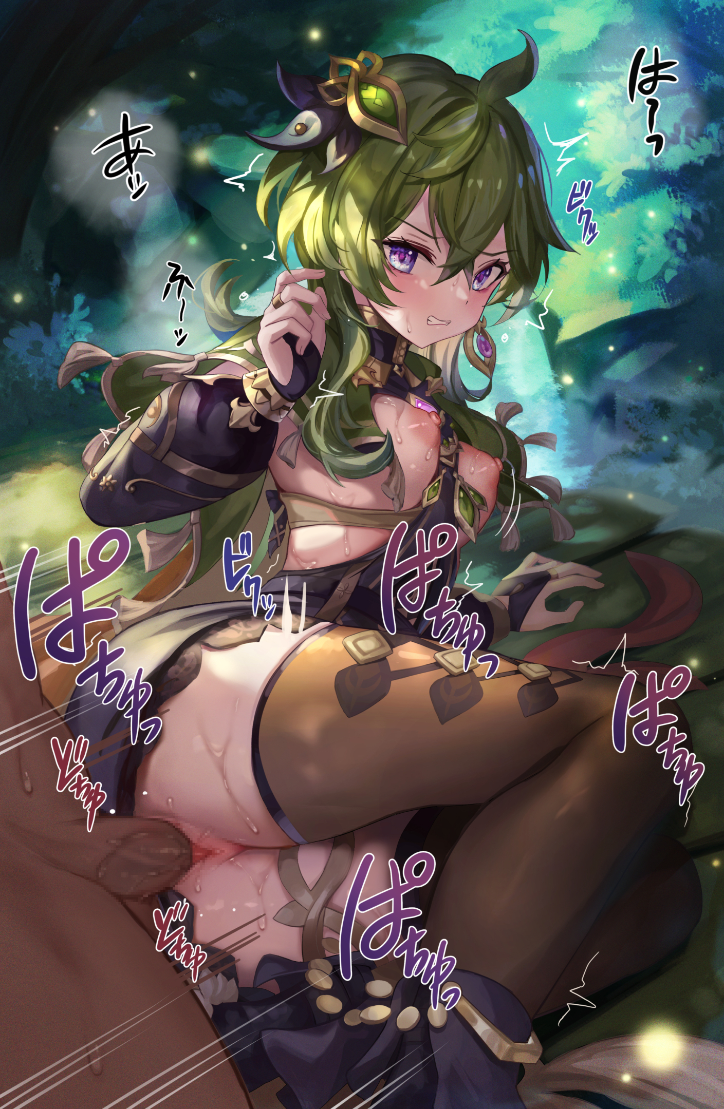 1boy, 1girls, 2022, ahoge, ankle boots, arm support, ass, between breasts, black dress, black footwear, black gloves, blush, boots, breasts, breasts out, brown thighhighs, censored, collei (genshin impact), dark skin, dark-skinned male, doco (doco3811), doco3811, dress, feet out of frame, female, female penetrated, genshin impact, gloves, green hair, hair ornament, hand up, highres, japanese text, long sleeves, looking at viewer, male, male penetrating, male penetrating female, male/female, mosaic censoring, nipples, on side, outdoors, partially fingerless gloves, penis, purple eyes, pussy, rape, sex, sex from behind, small breasts, solo focus, straight, sweat, tassel, thighhighs, thighlet, thighs, upskirt, v-shaped eyebrows, vaginal penetration