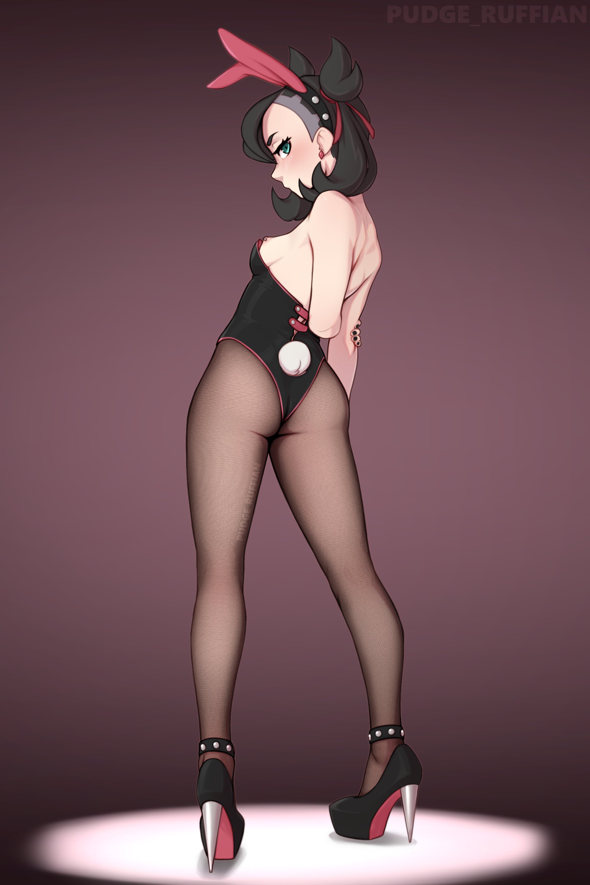 1girls, ass, black hair, blue eyes, breasts, breasts out, bunny ears, bunny girl, bunny tail, bunnysuit, earrings, female, female only, high heels, looking at viewer, marnie (pokemon), nipple piercing, nipple slip, nipples, pantyhose, pierced nipples, piercing, pokemon, pokemon ss, pudgeruffian, shoes only, sideboob, small breasts, solo, solo female, thighs, tied hair, wardrobe malfunction