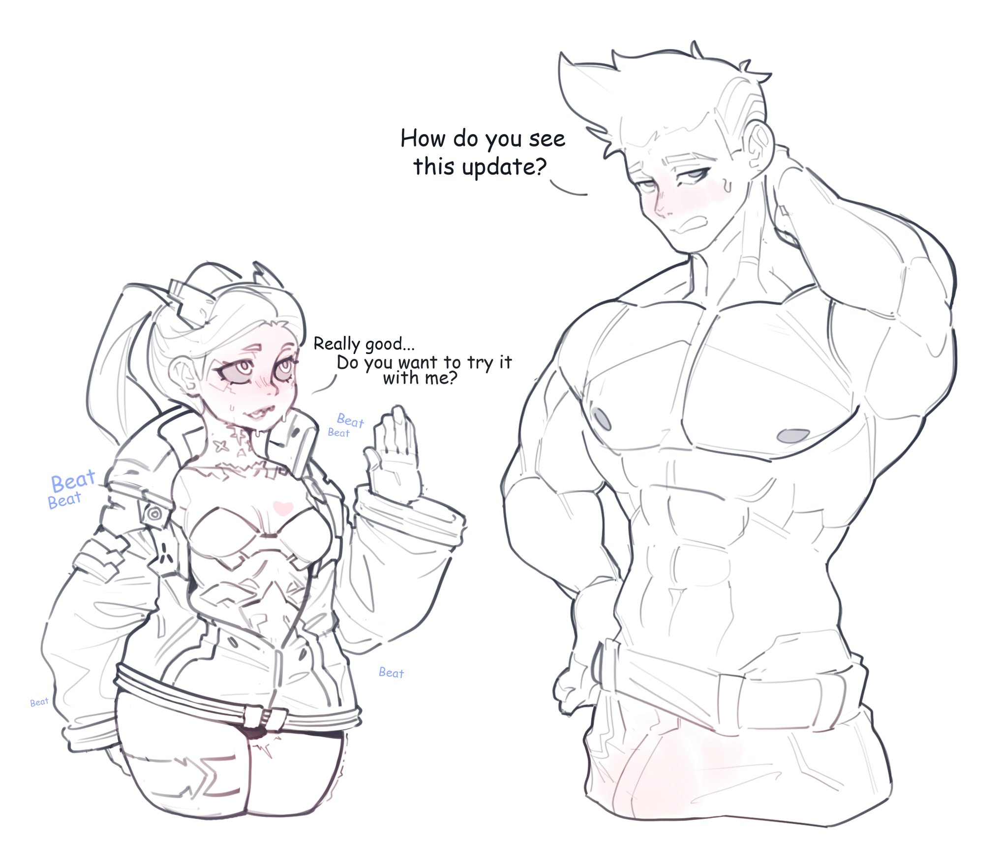 1boy, 1girls, abs, aroused, artist request, bigger male, bikini, bikini top, black and white, blush, breasts, cd projekt red, clothing, cyberpunk 2077, cyberpunk: edgerunners, david martinez (edgerunners), female, human, imminent sex, jacket, just fuck already, line art, male, monochrome, muscular, muscular male, netflix, outerwear, pale skin, petite, petite body, rebecca (edgerunners), robot joints, semi nude, shortstack, sketch, small breasts, smaller female, studio trigger, tattoo, troppart