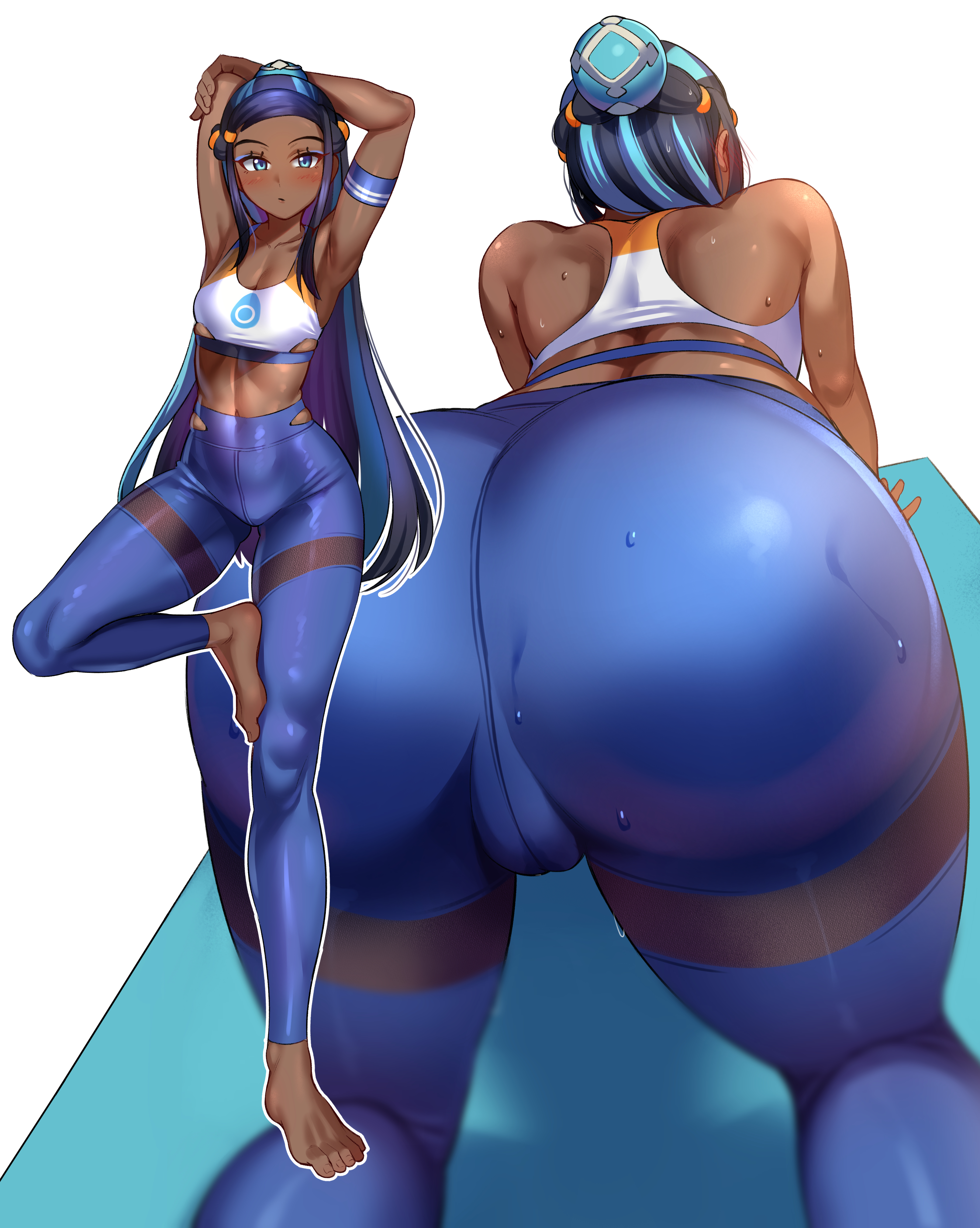 1girls, armpits, ass, big ass, big butt, blue eyes, blue hair, breasts, dark skin, dark-skinned female, female, female only, game freak, leggings, long hair, nessa (pokemon), nintendo, pokemon, pokemon (game), pokemon ss, solo, solo female, thick thighs, thighs, toin (iitoin), two-tone hair, yoga, yoga pants