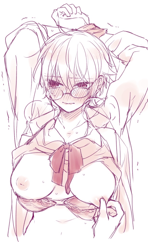 1girls arms_up big_breasts blush bra bra_down breasts_out breath canon_genderswap class_3-z embarrassed female female_focus genderswap_(mtf) ginko_sakata gintama gintoki_sakata glasses inverted_nipples looking_away monochrome nipple_pinch nipple_tweak official_alternate_costume open_jacket pov rule_63 shirt_up short_hair sketch solo_focus sweat yunfa