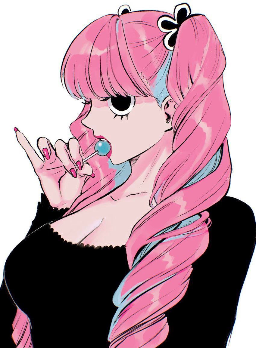 1girls artist_request bangs blue_hair breasts cleavage collarbone drill_hair female female_only frills hairclip large_breasts lollipop one_piece open_mouth painted_nails perona pink_hair pinky_out red_lipstick red_nails sharp_nails solo twintails two_tone_hair unknown_artist