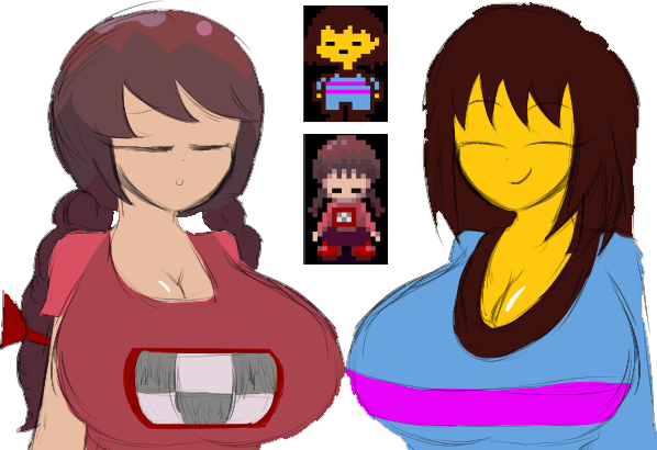 2d 2girls aged_up big_breasts blue_shirt breasts_bigger_than_head brown_hair cleavage closed_eyes clothed colored_sketch crossover cute doctordrawnass duo female female_frisk female_human female_only frisk human human_only madotsuki red_shirt reference_image sketch smile smiling striped_shirt undertale undertale_(series) white_background yume_nikki