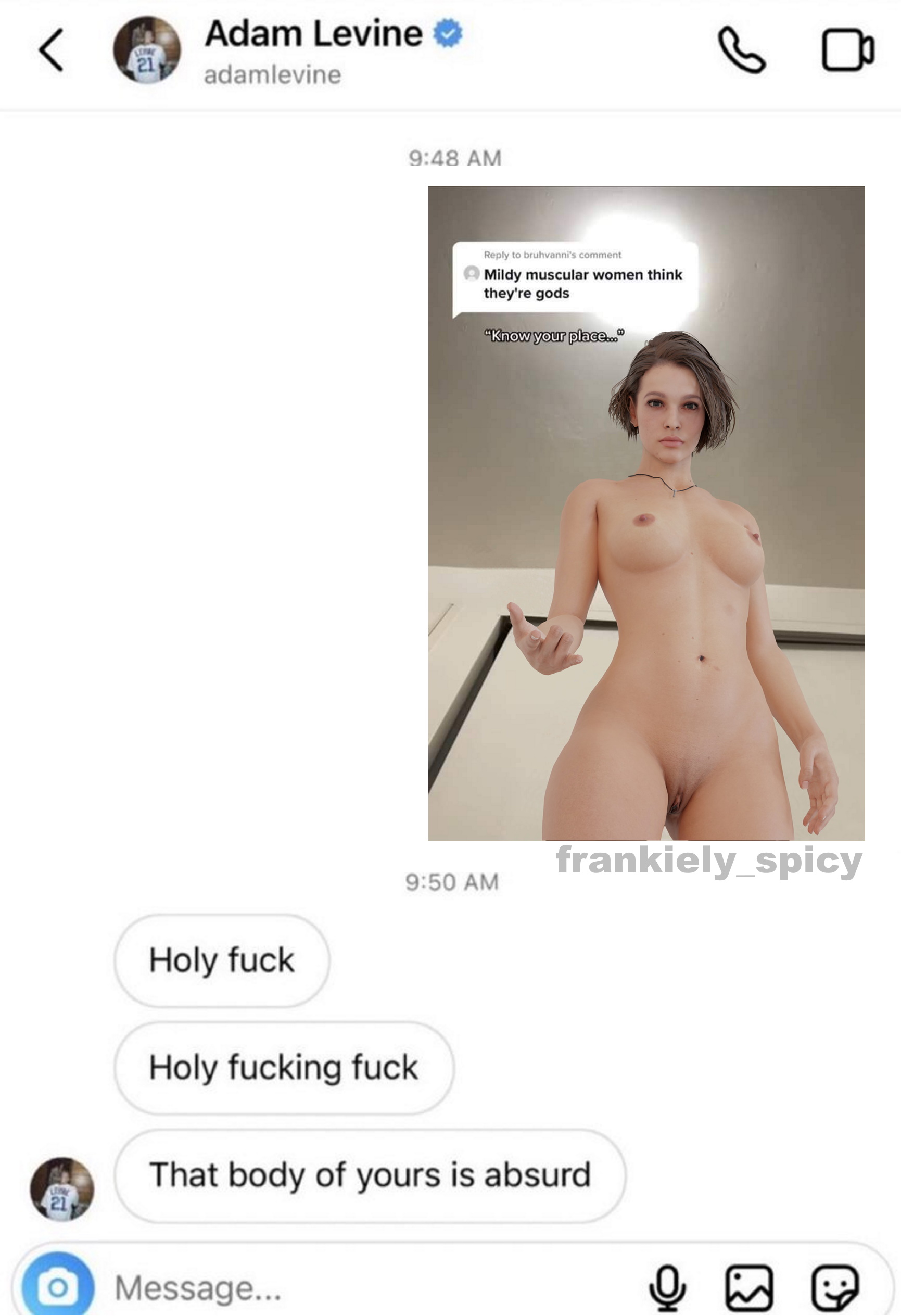 1girls, 3d, adam levine, asian female, blue eyes, brown hair, capcom, facing viewer, female, frankiely spicy, jill valentine, jill valentine (sasha zotova), know your place, light skin, light-skinned female, looking at viewer, meme, muscular, naked, naked female, pale skin, pale-skinned female, pinup, resident evil, resident evil 3, resident evil 3 remake, simple background, slightly muscular female, that body of yours is absurd, white background