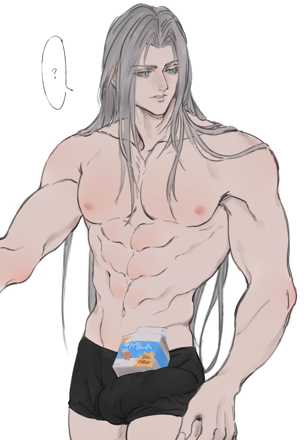 ?, 1boy, boxers, bulge, bulge through clothing, color, erection, erection under clothes, final fantasy, final fantasy vii, gay, green eyes, kintokiii, light skin, light-skinned male, long hair, male, male focus, male only, milk, milk carton, muscular, muscular male, sephiroth, silver hair, simple background, square enix, topless, unaware, underwear