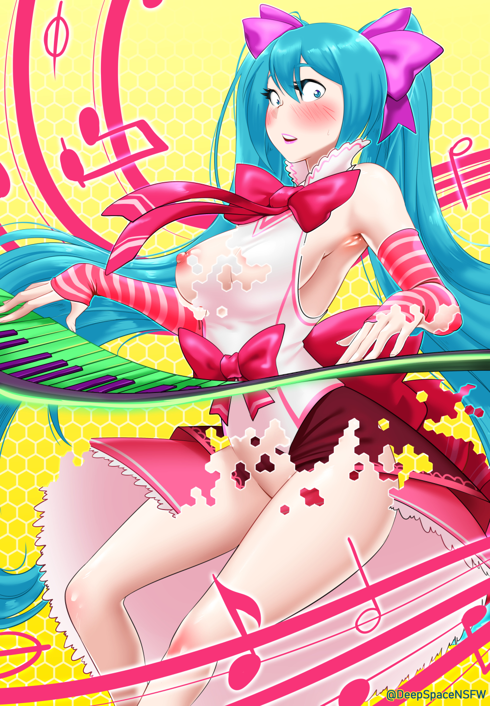 blue_hair blush breasts deepspace hatsune_miku holographic_clothes nipples pinup undressing vocaloid