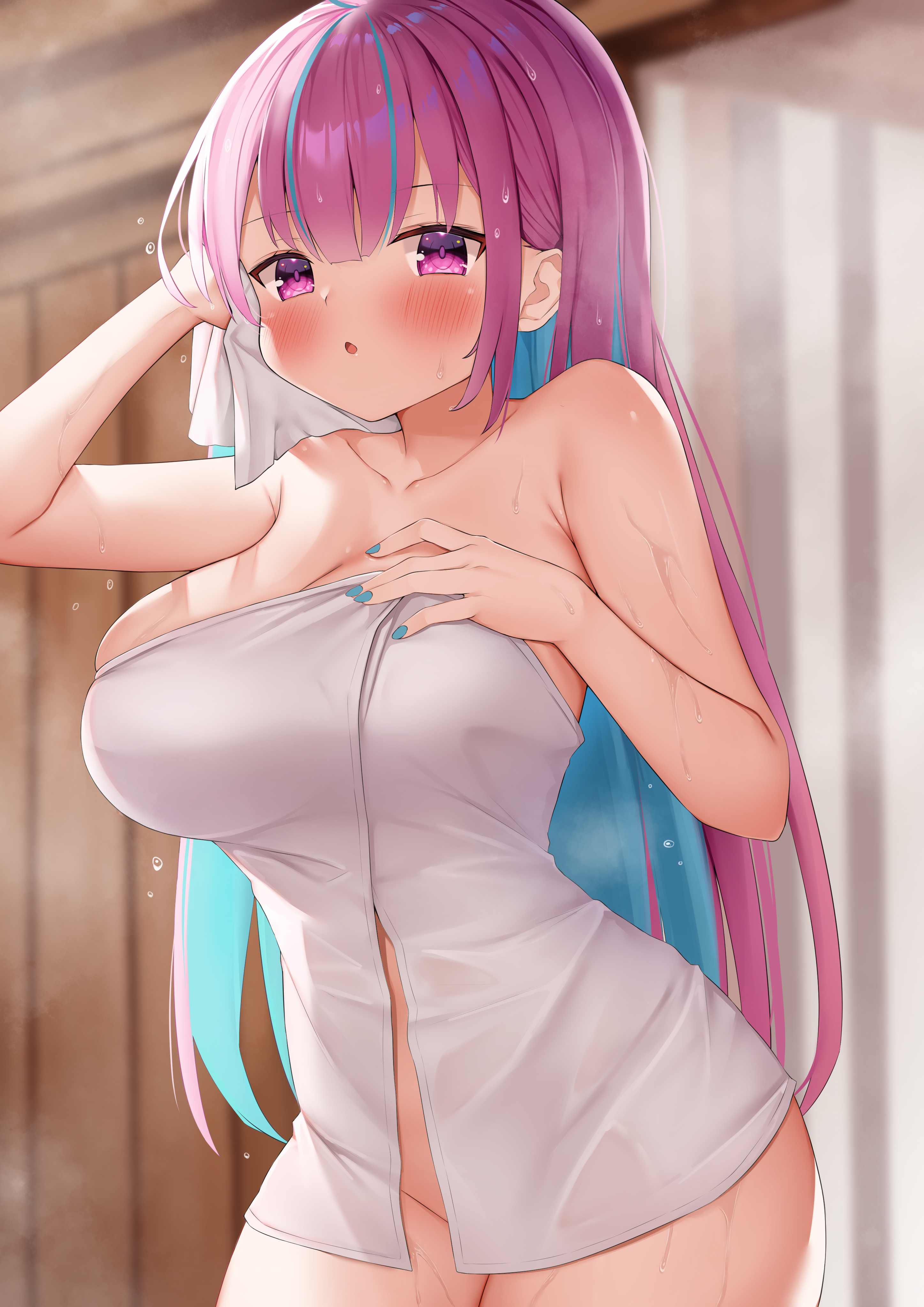 :o, absurdres, arm up, bangs, blue hair, blue nails, blurry, blurry background, blush, breasts, collarbone, colored inner hair, commentary, cowboy shot, depth of field, female, hair between eyes, hand on own chest, highres, holding, holding towel, hololive, hololive gen 2, hololive japan, indoors, kusana (dudqja602), large breasts, long hair, looking at viewer, minato aqua, multicolored hair, nail polish, naked towel, pink hair, purple eyes, solo, standing, towel, very long hair, virtual youtuber, wet
