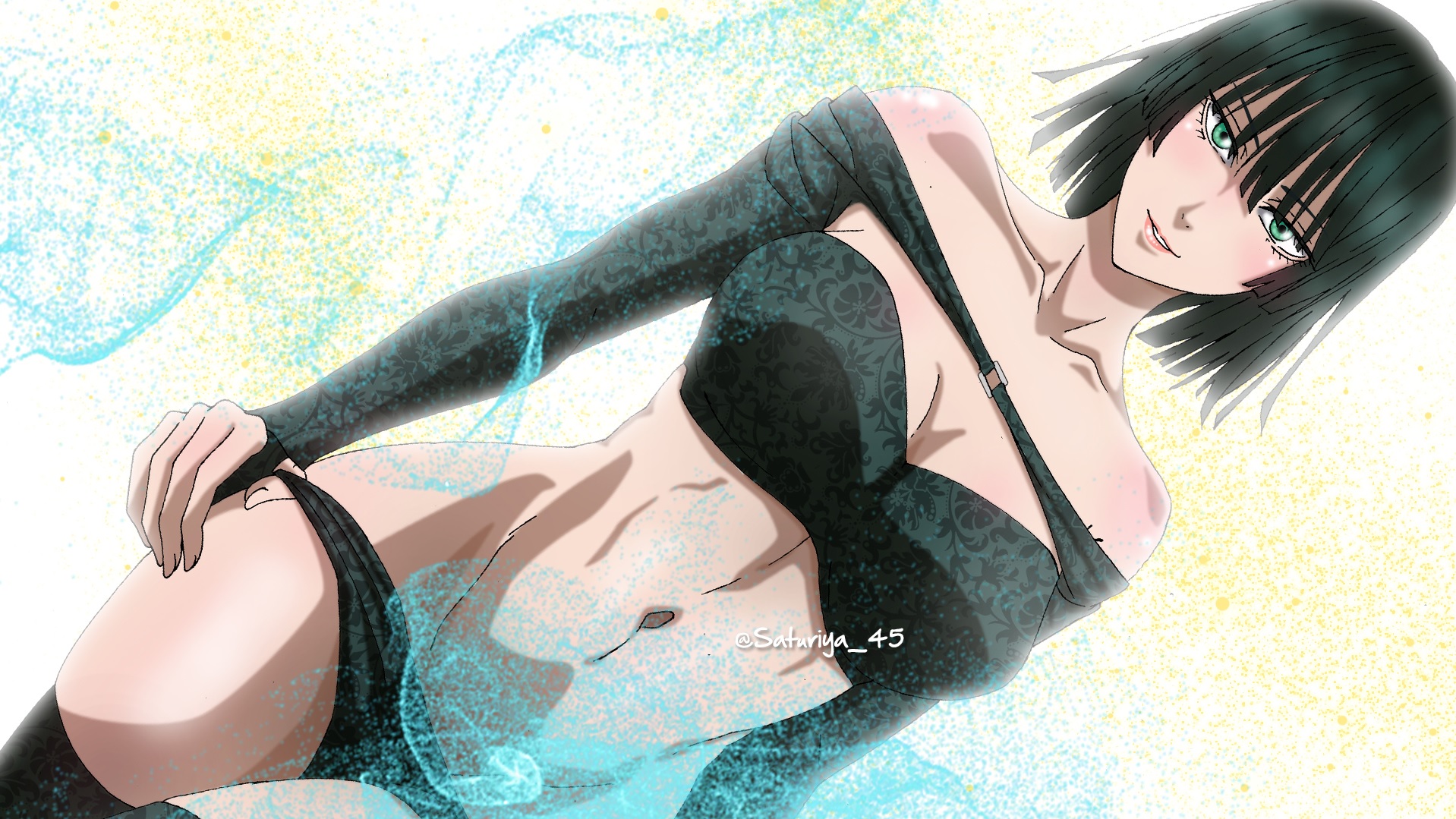 1girls, 2022, 2d, 2d (artwork), artist name, aura, bangs, bare shoulders, belly, belly button, big breasts, blush, bob cut, body blush, breasts, busty, cleavage, clothed, clothing, collarbone, crop top, curvaceous, curvy, curvy body, curvy female, curvy figure, dark green hair, eye contact, eyelashes, female, female focus, female only, fringe, front view, fubuki (one-punch man), green eyes, green hair, highres, hips, hourglass figure, large breasts, legs, light skin, light-skinned female, lips, lipstick, long sleeves, looking at viewer, medium hair, midriff, navel, one-punch man, panties, panty pull, pink lips, pink lipstick, questionable, saturiya45, shiny skin, shirt, short hair, slim, slim waist, smile, smiling, smiling at viewer, smirk, solo, solo female, solo focus, stockings, stomach, thick, thick legs, thick thighs, thigh squish, thighhighs, thighs, thin waist, toned, toned body, toned female, toned stomach, underwear, voluptuous, waist, wide hips