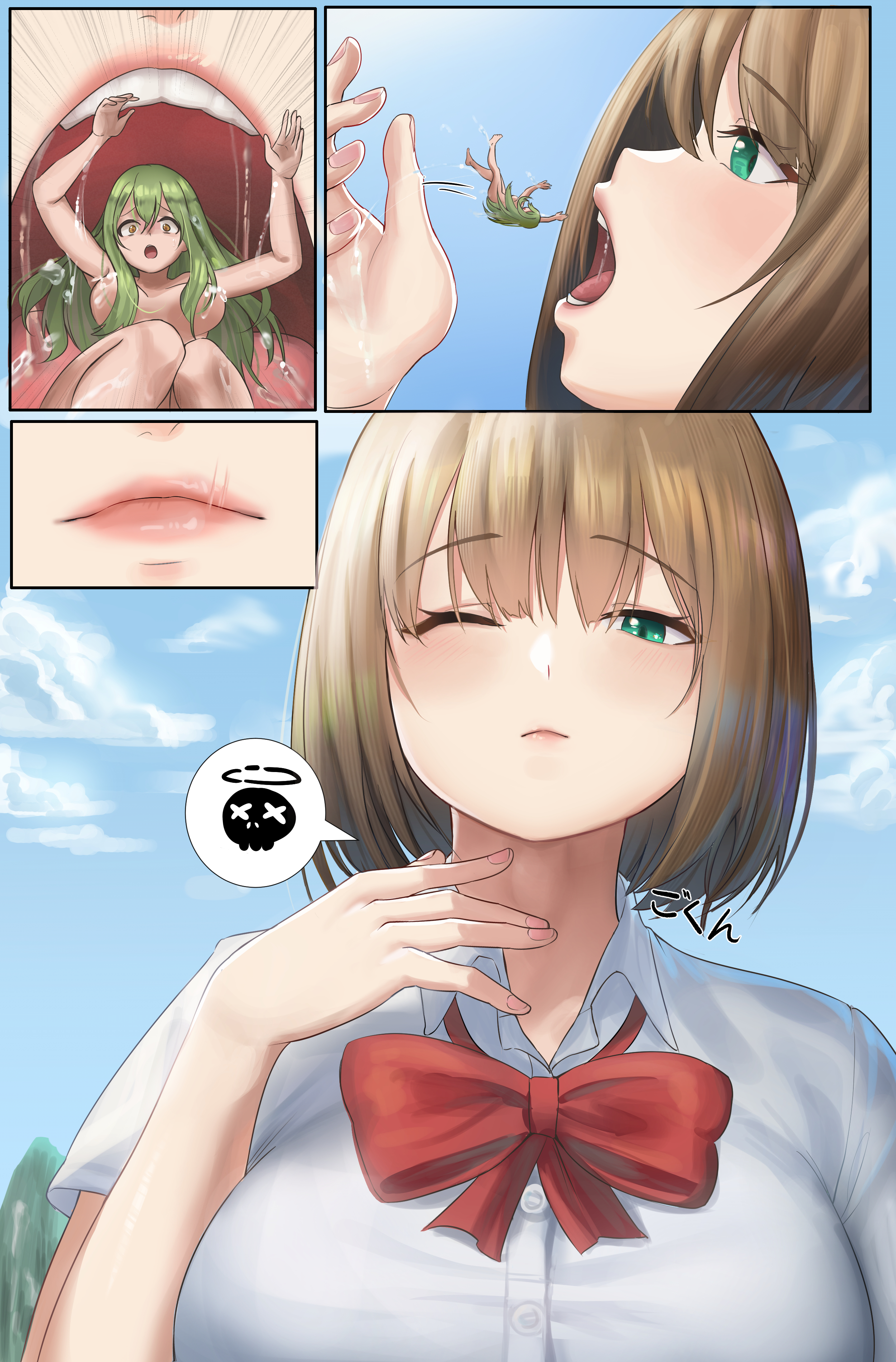 anime style, breasts, brown hair, close-up, clothing, clouds, comic, copyright request, day, female, female pred, female prey, giantess, green eyes, green hair, large breasts, macrophilia, manga, naked, open mouth, pixiv, short hair, sky, speech bubble, teeth, turquoise eyes, vore, white shirt