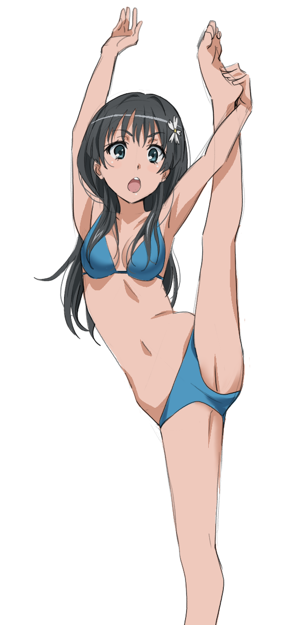 1girls 2020 2020s :o armpits arms_up balancing bare_legs bare_shoulders barefoot bikini black_hair blue_bikini blue_eyes blue_swimsuit breasts cleavage concentration female hair_flower hair_ornament jiangpao leg_up light-skinned_female light_skin long_hair looking_at_viewer medium_breasts navel one_leg_up open_mouth saten_ruiko sketch solo standing swimsuit teenage_girl teenager to_aru_kagaku_no_railgun to_aru_majutsu_no_index toes white_background young