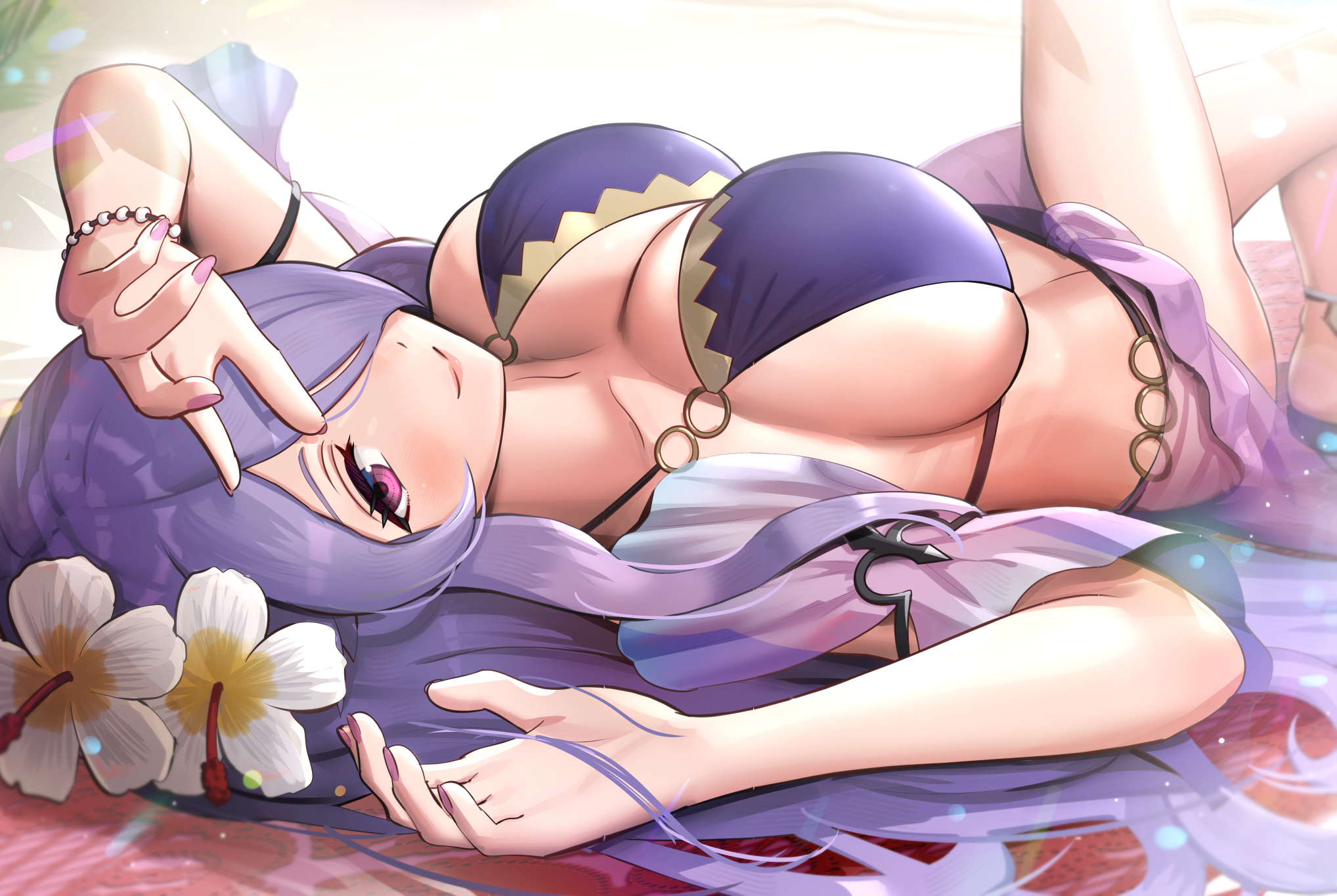 1girls, alternate costume, beach, bikini, breasts, camilla (fire emblem), cleavage, commentary request, day, female, female only, fire emblem, fire emblem fates, fire emblem heroes, flower, gonzarez, hair over one eye, hibiscus, highres, large breasts, legs, lips, long hair, looking at viewer, lying, nintendo, official alternate costume, on back, purple bikini, purple eyes, purple hair, purple swimsuit, revision, sandals, sarong, sideboob, sidelocks, simple background, skindentation, solo, swimsuit, very long hair, wavy hair