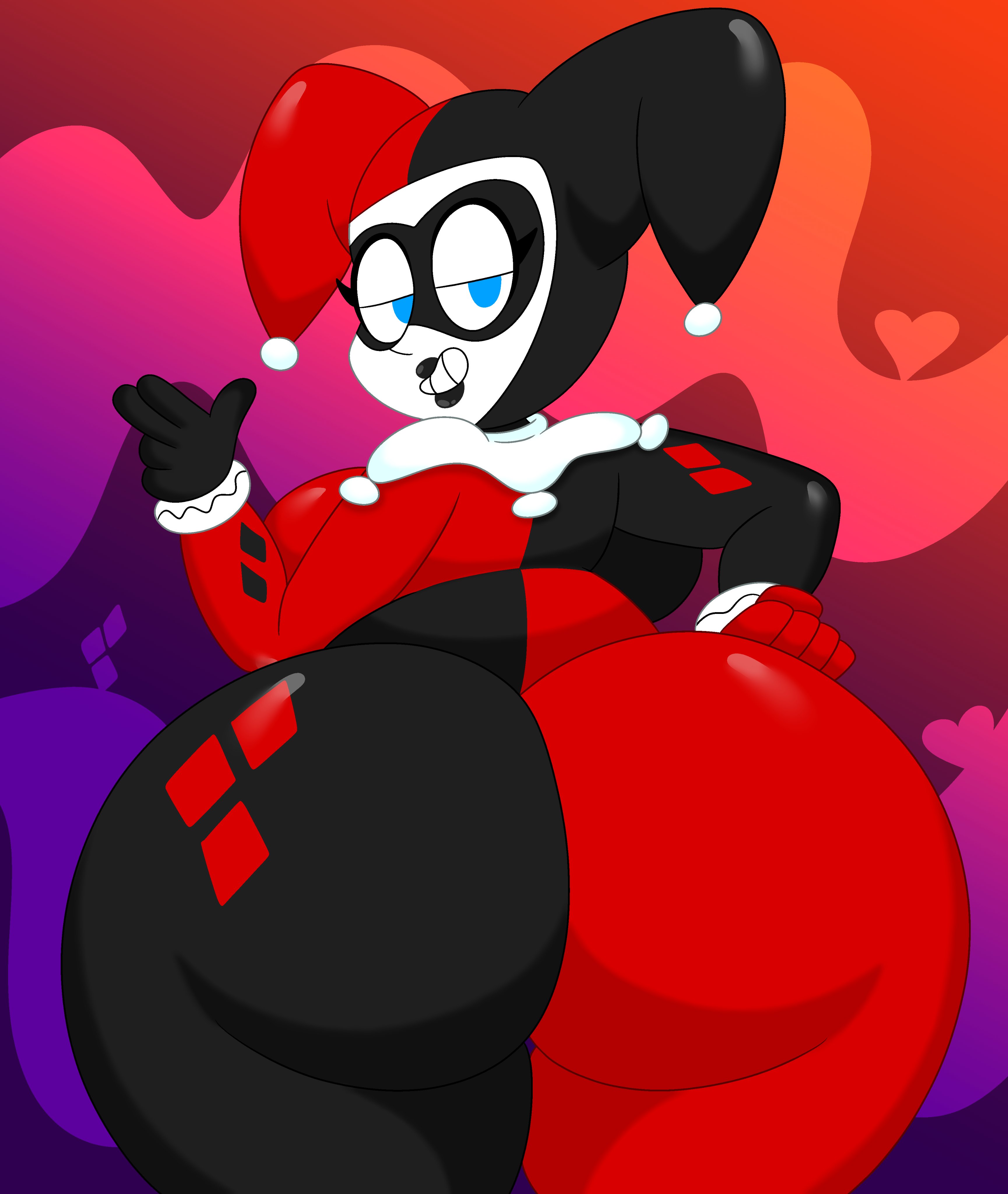 1girls, 3barts, ass, ass focus, batman (series), big ass, big breasts, blue eyes, breasts, bubble ass, bubble butt, clothing, dc, dc comics, fat ass, female, female only, fully clothed, half-closed eyes, harley quinn, harley quinn (classic), huge ass, large ass, looking at viewer, looking back, smile, solo, solo female, thick ass