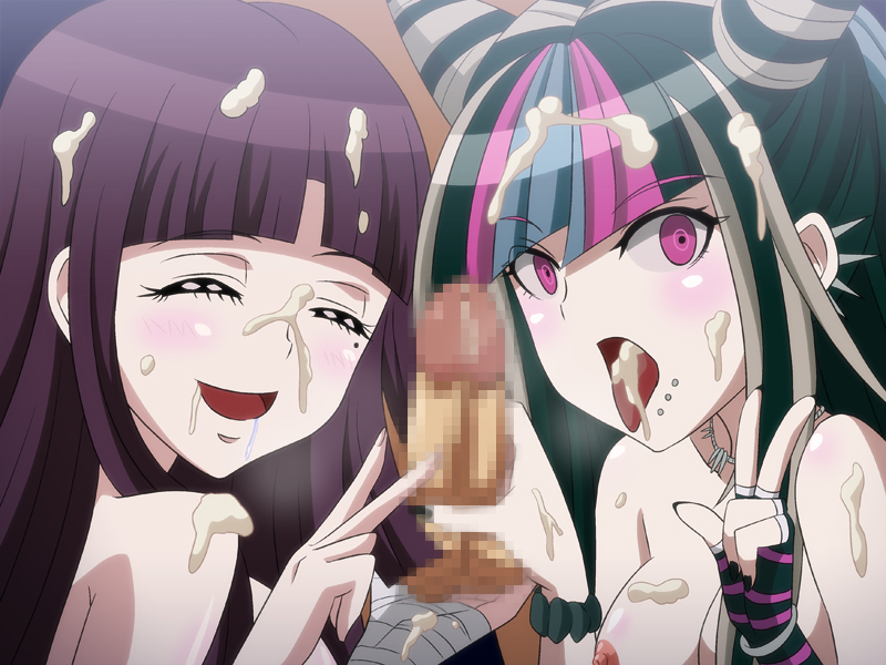 breasts, completely nude, covered in cum, cum, cum in mouth, cum on face, danganronpa, danganronpa 2: goodbye despair, female, male, mioda ibuki, multiple females, multiple girls, nude, nude female, penis, smooth skin, super danganronpa 2, tsumiki mikan