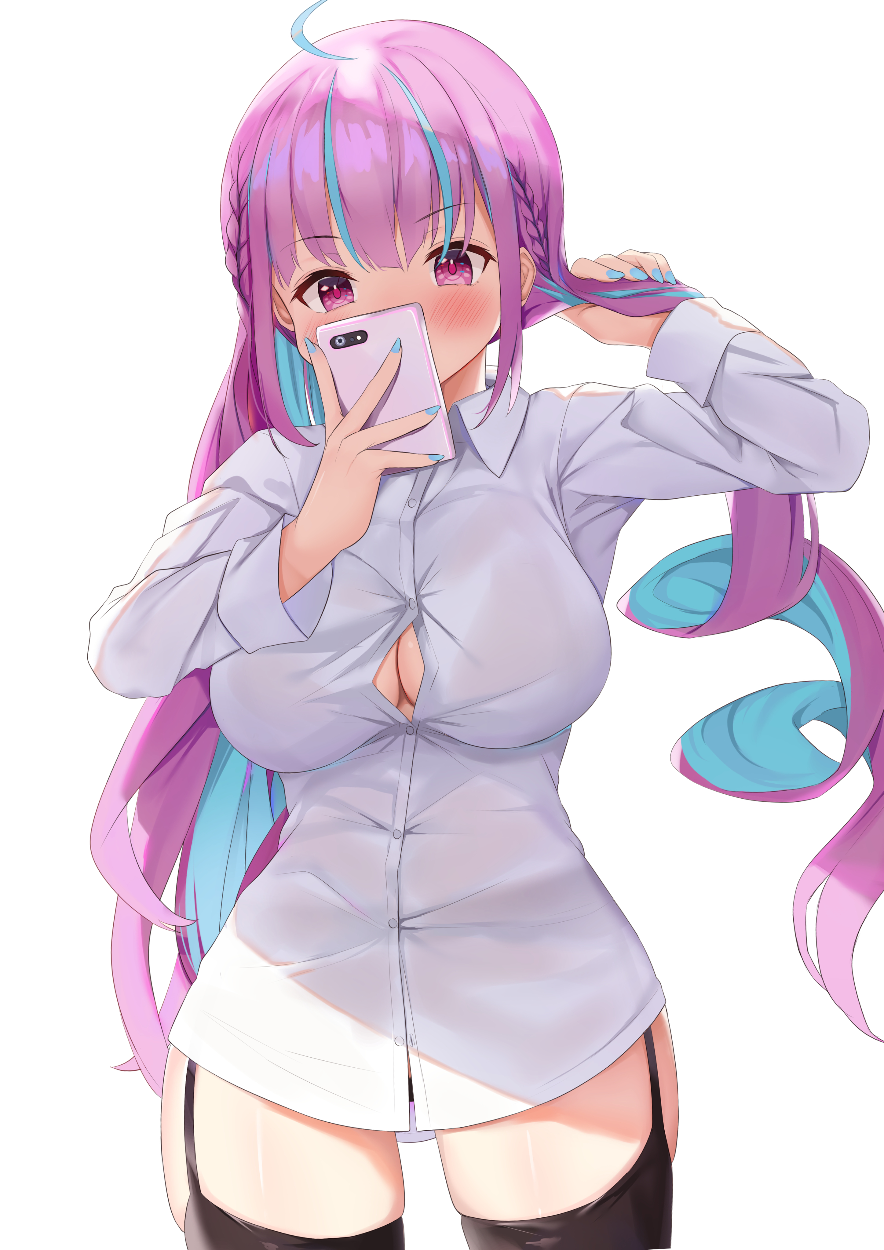 absurdres, ahoge, armpits, black hair, blush, braid, breasts, button gap, cellphone, cleavage, covered mouth, dress shirt, female, garter straps, highres, hololive, hololive gen 2, hololive japan, kusana (dudqja602), large breasts, long hair, long sleeves, minato aqua, multiple braids, nail polish, no bra, no pants, phone, purple eyes, purple hair, shirt, simple background, thighhighs, virtual youtuber, white background