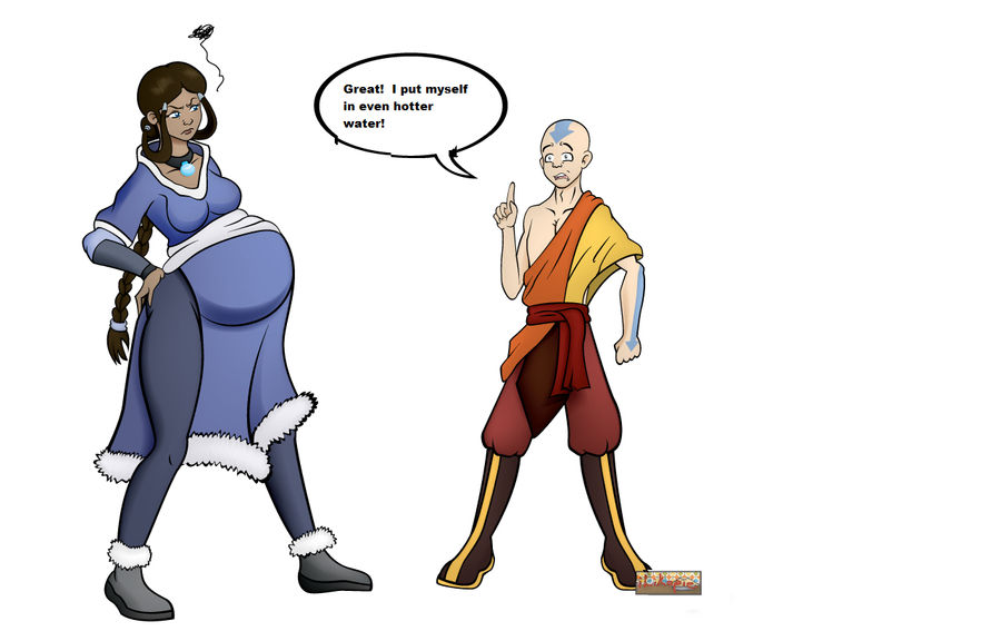 1boy 1girls aang air_nomad airbender_tattoo avatar_legends avatar_the_last_airbender belly big_belly big_breasts breasts clothing dark-skinned_female dark_skin dialogue english_text female female_focus ilikapie katara male medium_breasts pregnant speech_bubble text the_avatar water_tribe