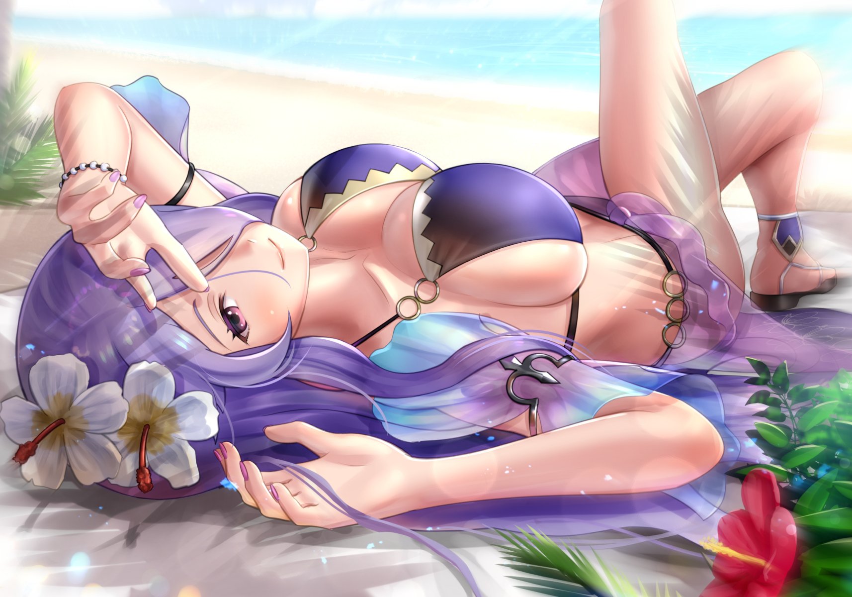 1girls, alternate costume, beach, bikini, breasts, camilla (fire emblem), cleavage, commentary request, day, female, female only, fire emblem, fire emblem fates, fire emblem heroes, flower, gonzarez, hair over one eye, hibiscus, highres, large breasts, legs, lips, long hair, looking at viewer, lying, nintendo, official alternate costume, on back, purple bikini, purple eyes, purple hair, purple swimsuit, sandals, sarong, sidelocks, simple background, solo, swimsuit, very long hair, wavy hair