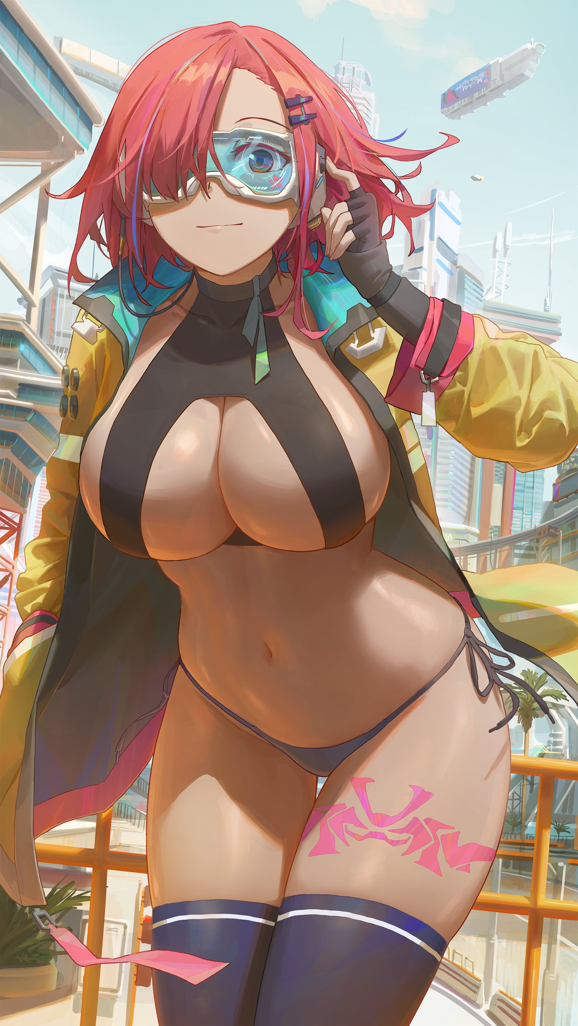 1girls, bikini, breasts, cleavage, cyberpunk 2077, female, goggles, hair over one eye, hips, huge breasts, jacket, light skin, light-skinned female, oc, original character, outdoors, red hair, short hair, slim waist, smile, thick thighs, thigh gap, thigh tattoo, thighs, wide hips, yohan1754