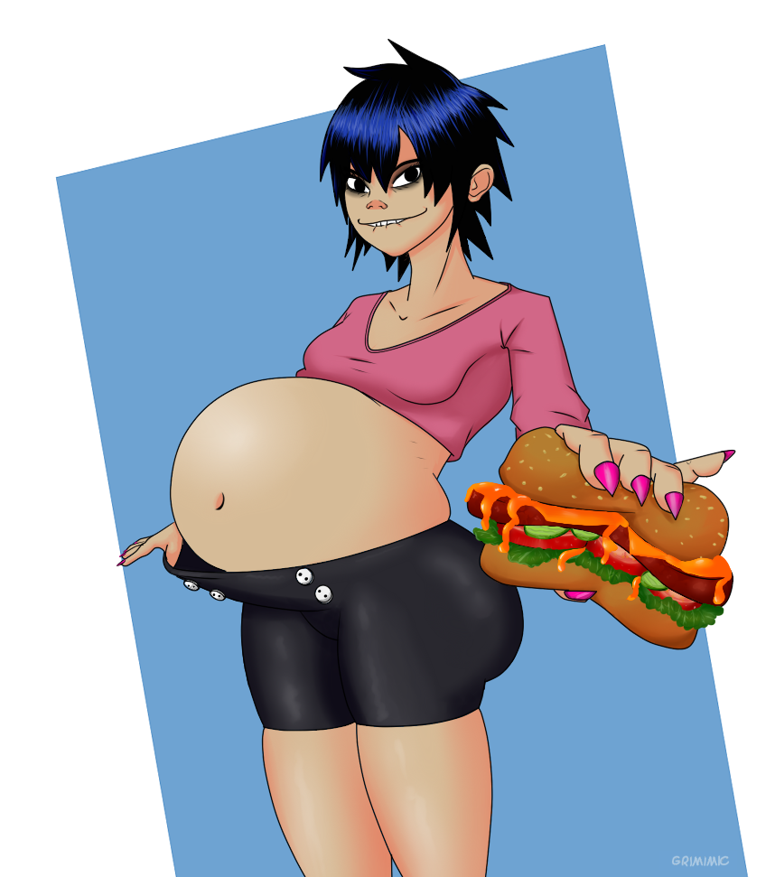 1girls asian asian_female ass belly belly_stuffing big_ass big_belly big_breasts black_hair bloated bloated_belly breasts female food gorillaz grimimic noodle_(gorillaz) noodle_(jaguar) short_hair stuffed stuffed_belly stuffing what