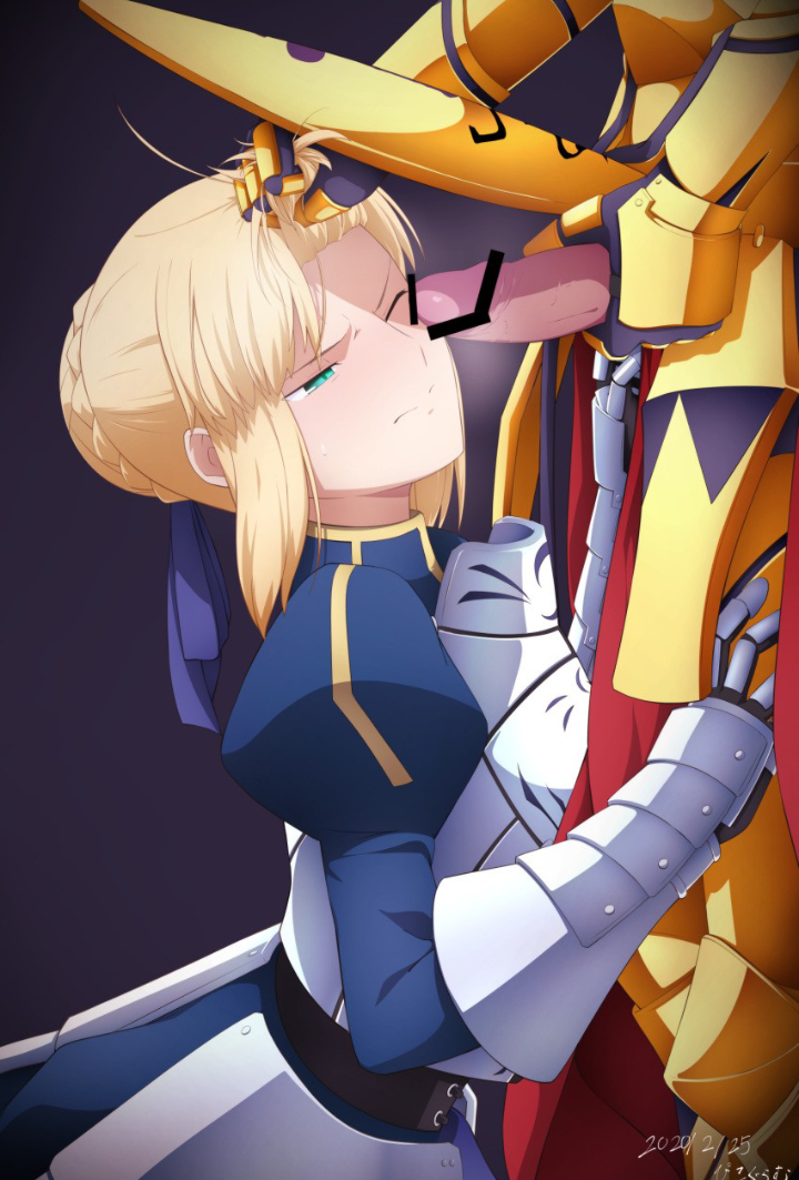 archer_(fate) artoria_pendragon fate/grand_order fate/stay_night fate/zero fate_(series) female gilgamesh gilgamesh_(fate) grabbing grabbing_hair grabbing_penis looking_at_viewer looking_up one_eye_closed penis penis_grab penis_on_face penis_out saber