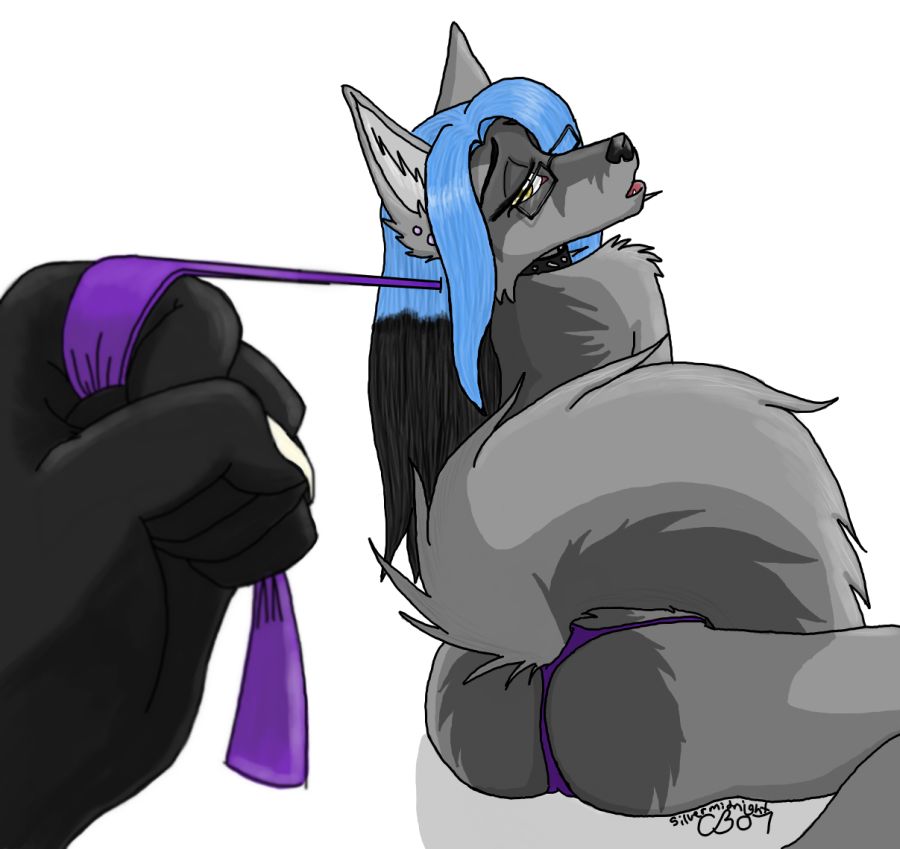 anthro blue_hair canine fur furry leash pinup silvermidnight thong wolf