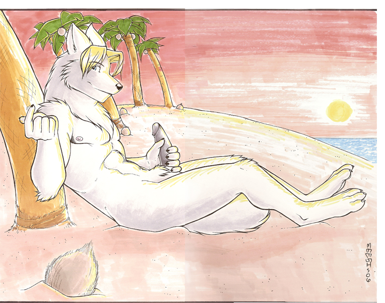 1boy anthro beach blue_eyes canine erection fur furry johnny looking_at_viewer male male_only meesh nude penis presenting seaside solo traditional_media_(artwork) wolf