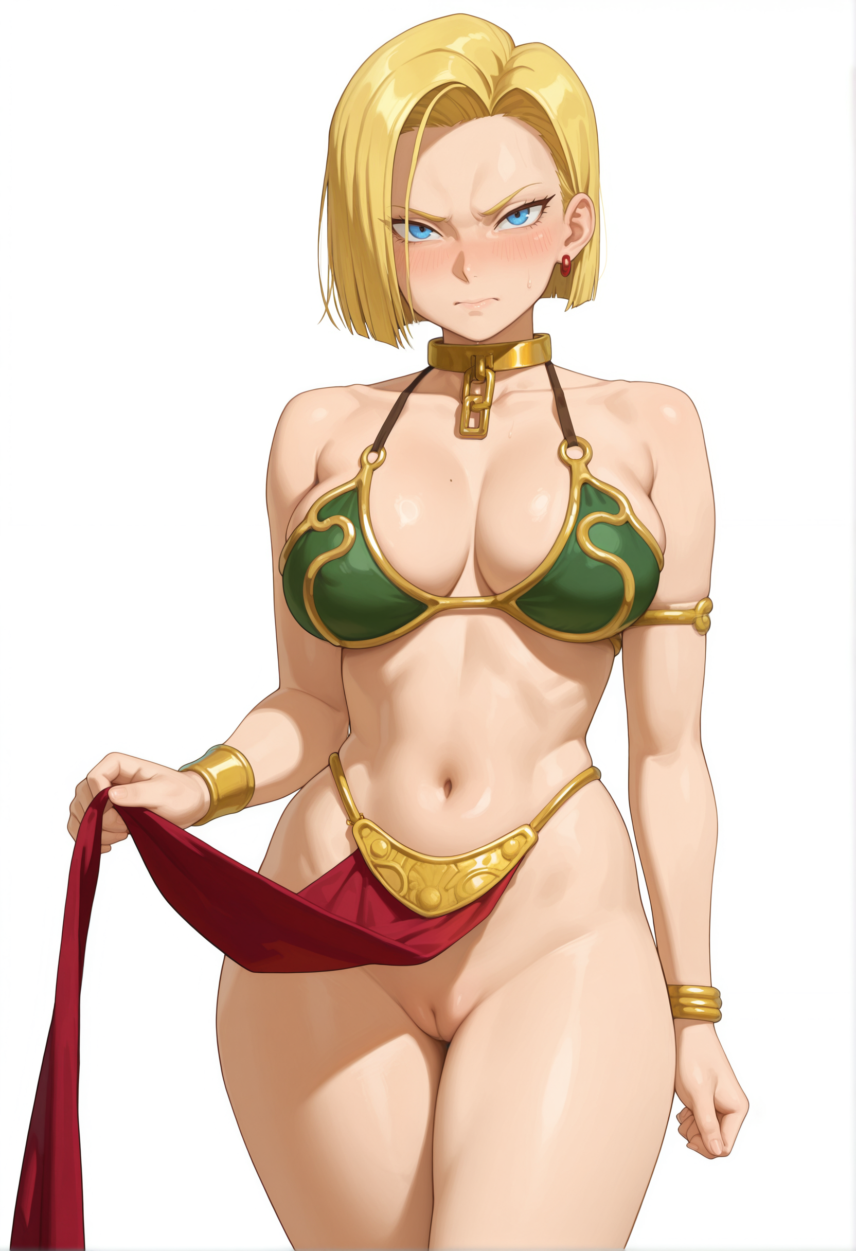 1girl, ai, ai art, ai generated, android 18, blonde hair, blue eyes, breasts, dragon ball, dragon ball super, dragon ball z, earrings, jewelry, large breasts, looking at viewer, navel, pelvic curtain, pussy, short hair, slave leia (cosplay), solo, tagme, white background, xxai