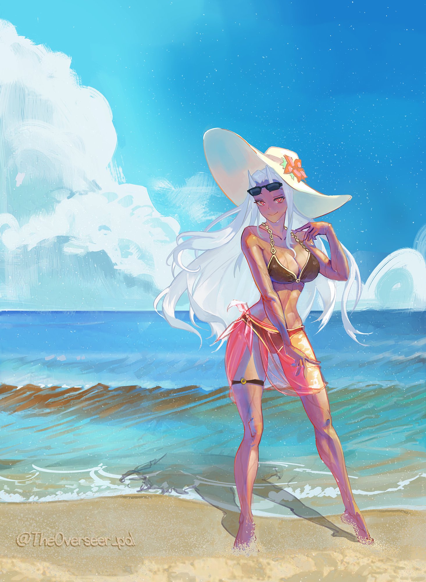 1girls, beach, big breasts, bikini, black bikini, breasts, calamitas, calamity mod, cleavage, female, grey body, grey skin, hat, headwear, horns, large breasts, leg belt, long ears, long hair, orange eyes, realistic proportions, sand, slit pupils, smile, solo, solo female, standing, sun hat, sunglasses, sunglasses on head, terraria, theoverseer pal, thigh strap, translucent clothing, water, white hair, wide hips