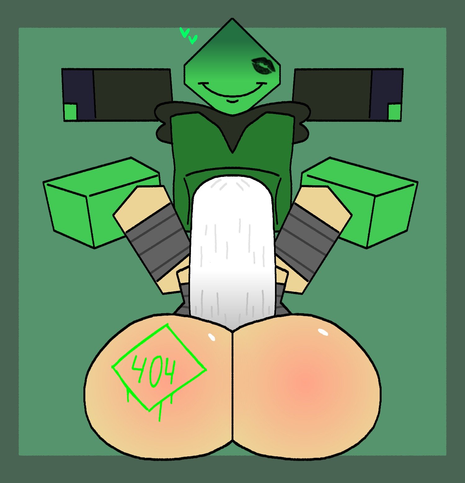 artist logo, artist signature, ass, ass focus, ass imprint, big ass, blocky body, blowjob, butt, buttocks, ferman, ferman (robloxian), green background, green body, green penis, green skin, heart, hearts, kiss mark, long hair, love, no visible genitalia, oral, original character, original characters, roblox, robloxian, self insert, slurp, smiling, smiling at partner, spread legs, spreading, spreading thighs, sucking, sucking penis, sweater, white hair, white skin, white skinned female, writing on ass