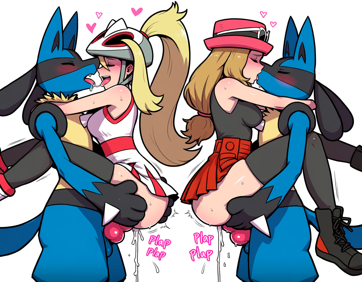 2boys, 2girls, ai generated, anthro on human, canine penis, carrying, carrying partner, clothed, clothed sex, creampie, cum, foursome, group sex, heart, kissing, kissing while penetrated, knotted penis, korrina (pokemon), lucario, male lucario, nintendo, pokemon, pokemon xy, pokephilia, saliva trail, serena (pokemon games), serena (pokemon), sex