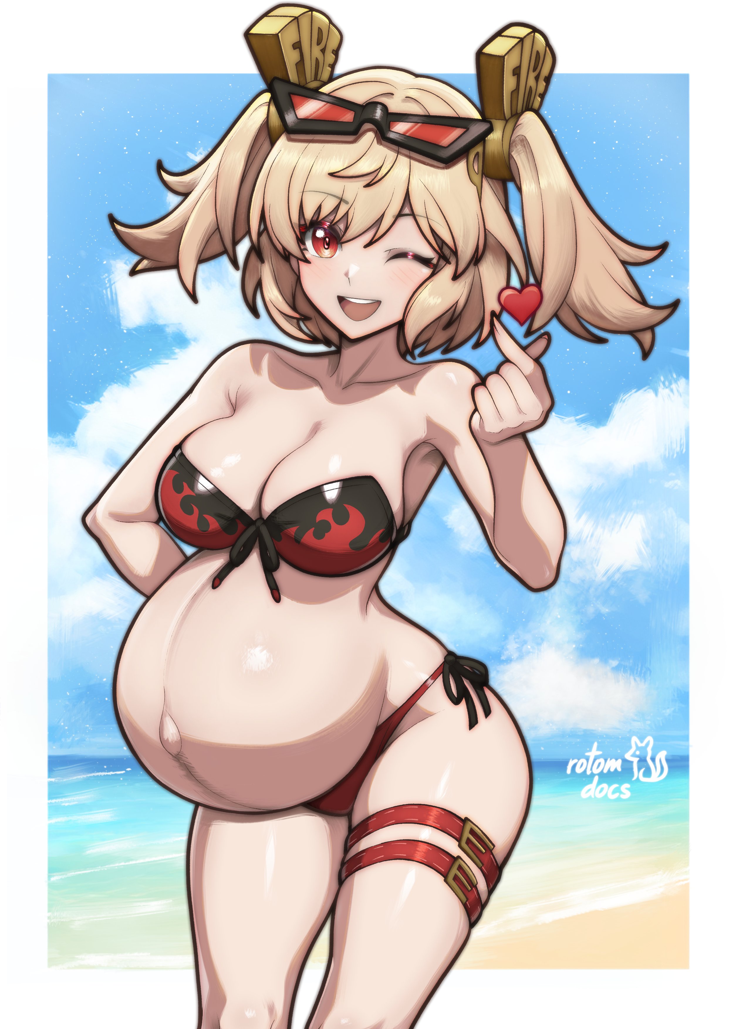 ;o, :o, 1girl, absurdres, artist name, beach, belt, bikini, blonde hair, blue sky, border, breasts, burnice white, commentary, english commentary, eyewear on head, female, female only, gift art, heart, highres, large belly, large breasts, long nails, looking at viewer, midriff, multicolored bikini, navel, one eye closed, outdoors, pregnant, red eyes, rotomdocs, short hair, sky, smile, solo, sunglasses, swimsuit, thigh belt, thigh strap, thighs, twintails, two-tone bikini, white border, zenless zone zero
